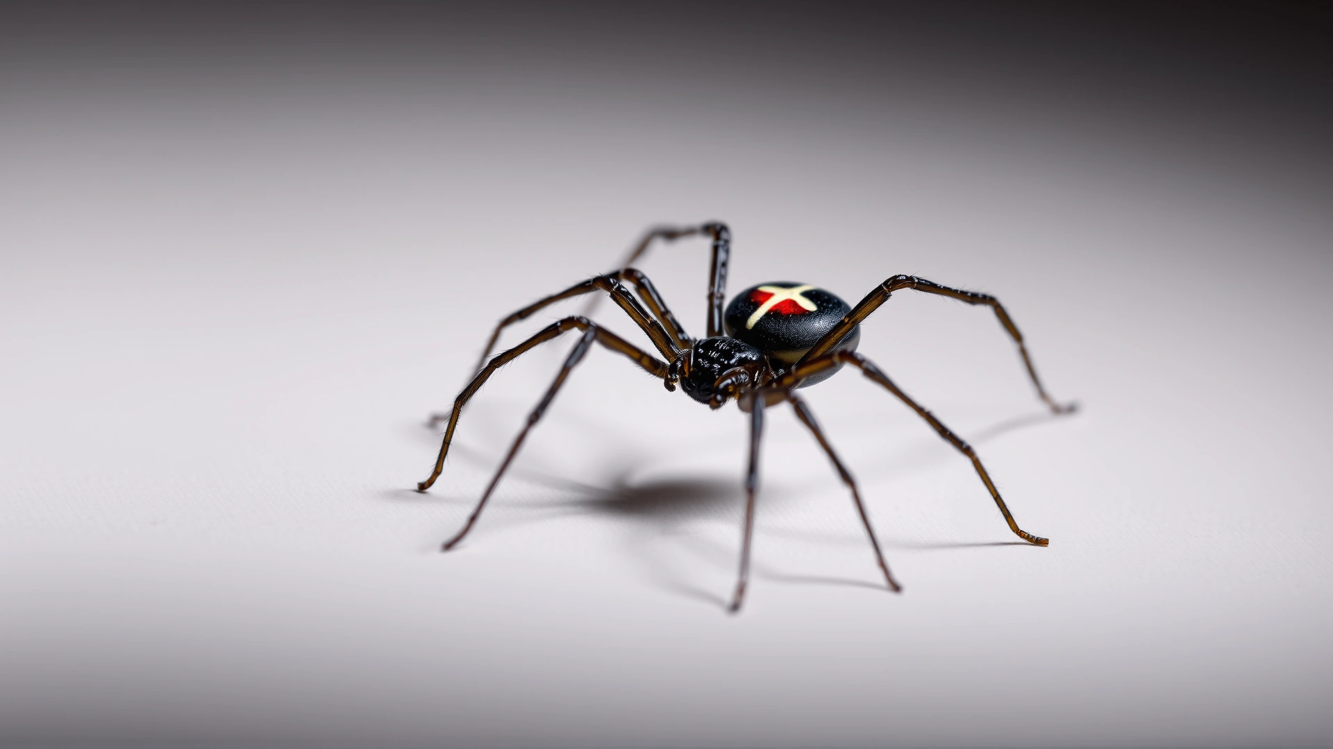 Macro shot of a black widow spider on a neutral background, highlighting the red hourglass marking, studio style.
