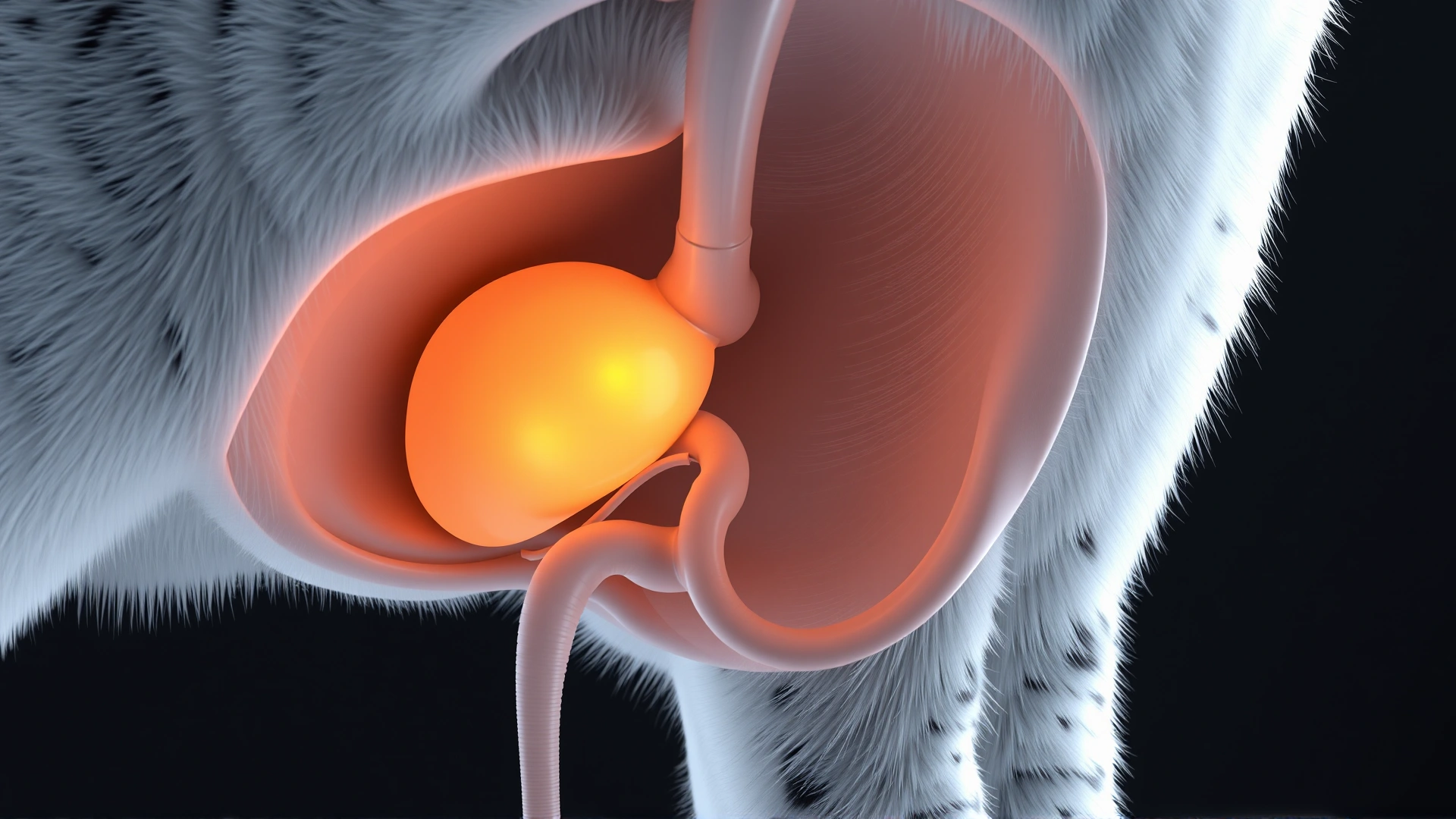 Realistic 3D render of a cat's internal urinary tract highlighting bladder and ureters, no text labels.