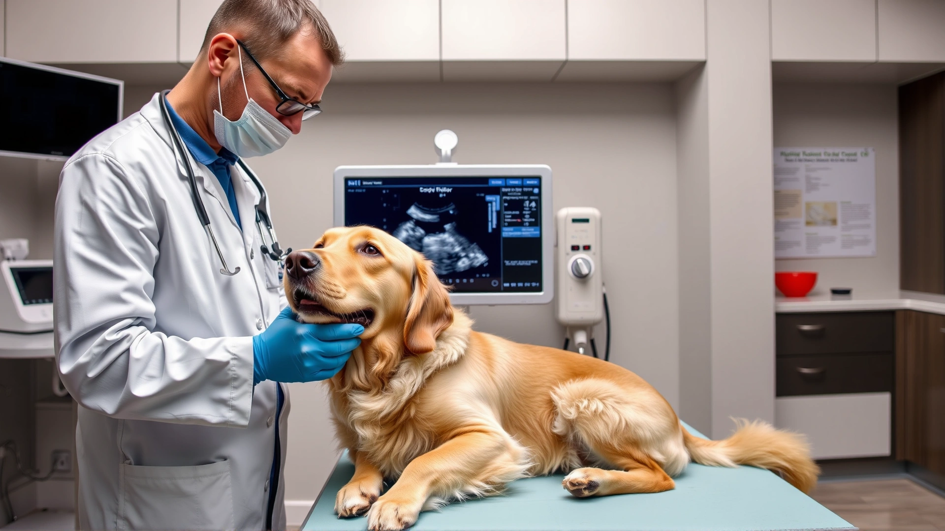 Professional veterinarian performing an abdominal ultrasound scan on a golden retriever in a clean, modern veterinary clinic.