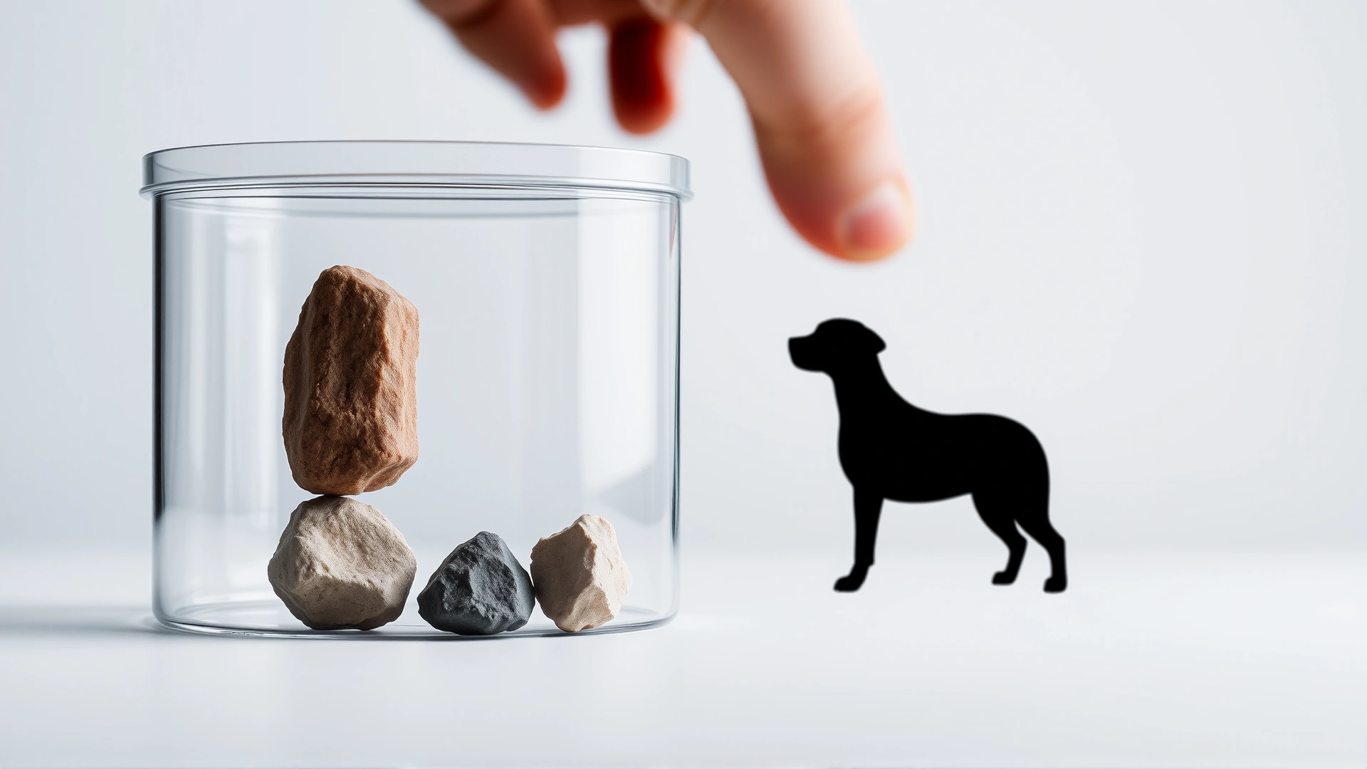 Artistic but realistic photo of a clear container showing different sizes of bladder stones next to a silhouette of a dog, neutral background, no text.