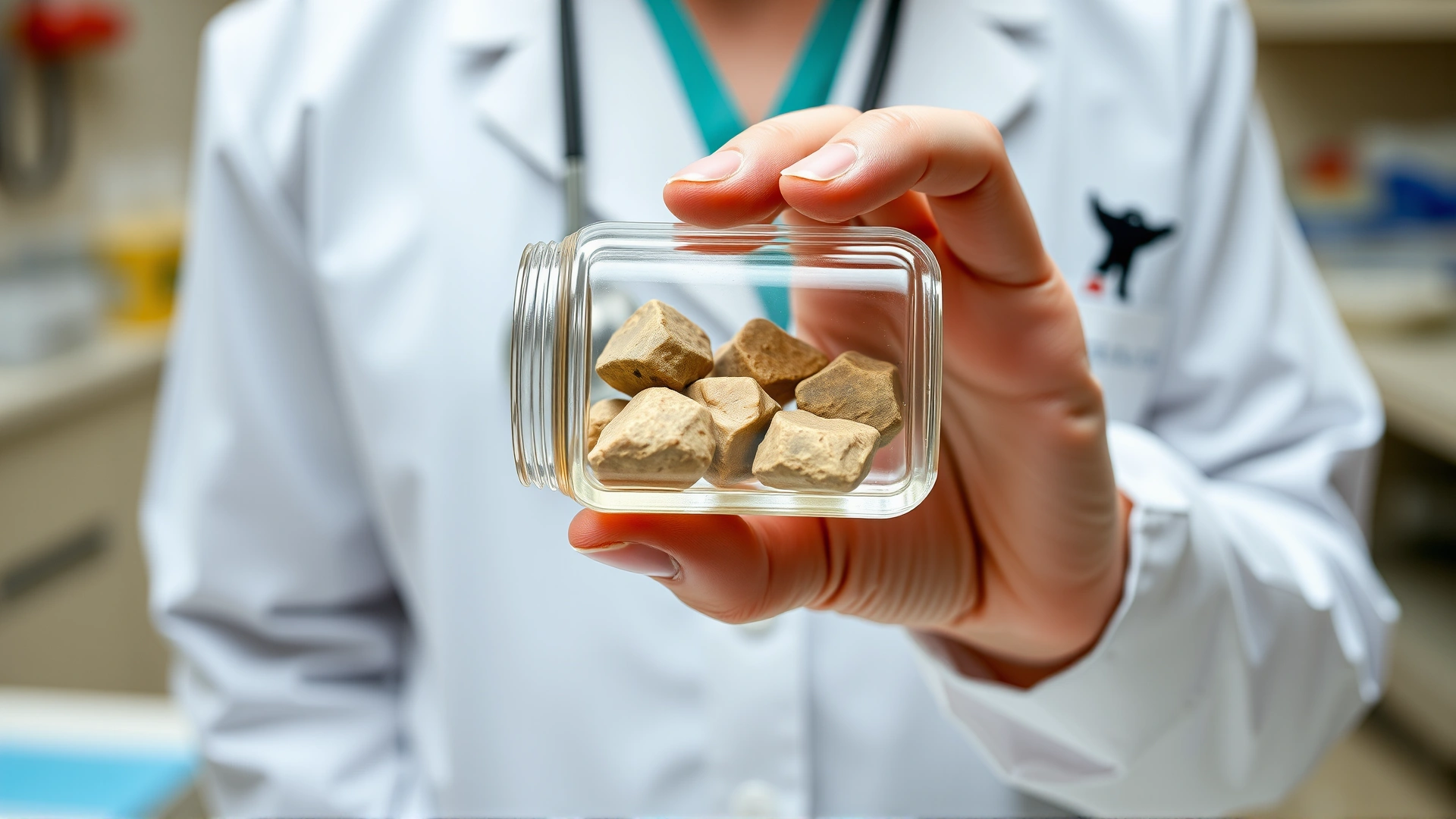 Veterinarian holding a small transparent container with extracted bladder stones from a cat; clinic table in background