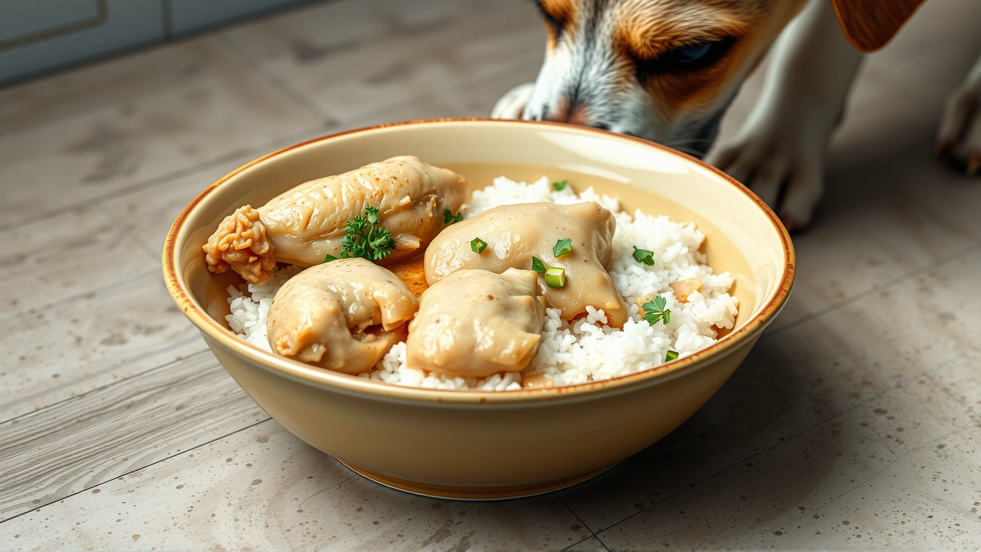 Bowl containing plain boiled chicken and white rice on the floor with a curious dog sniffing it