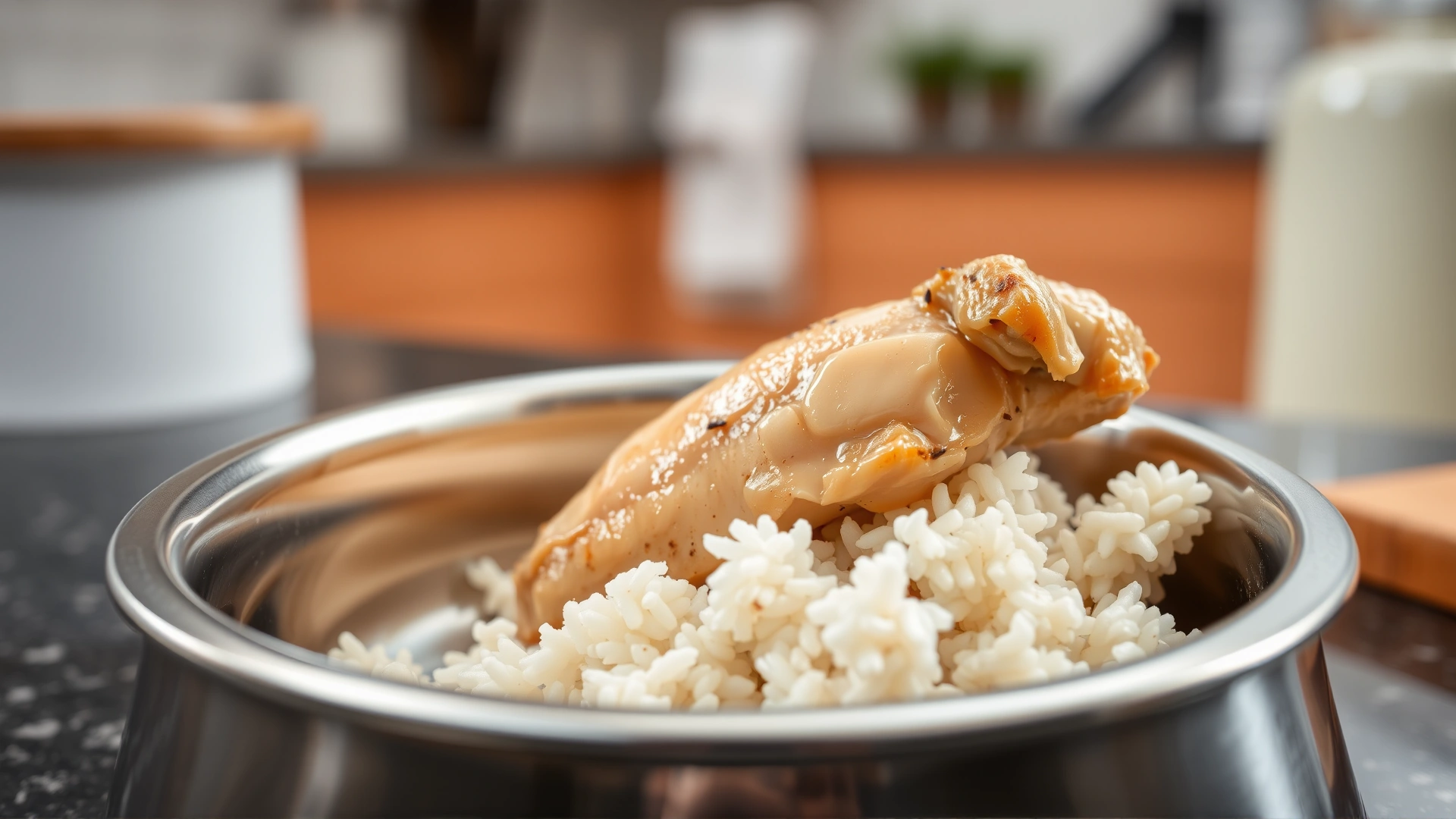 Close shot of a stainless steel dog bowl filled with boiled chicken breast and white rice on a kitchen countertop.