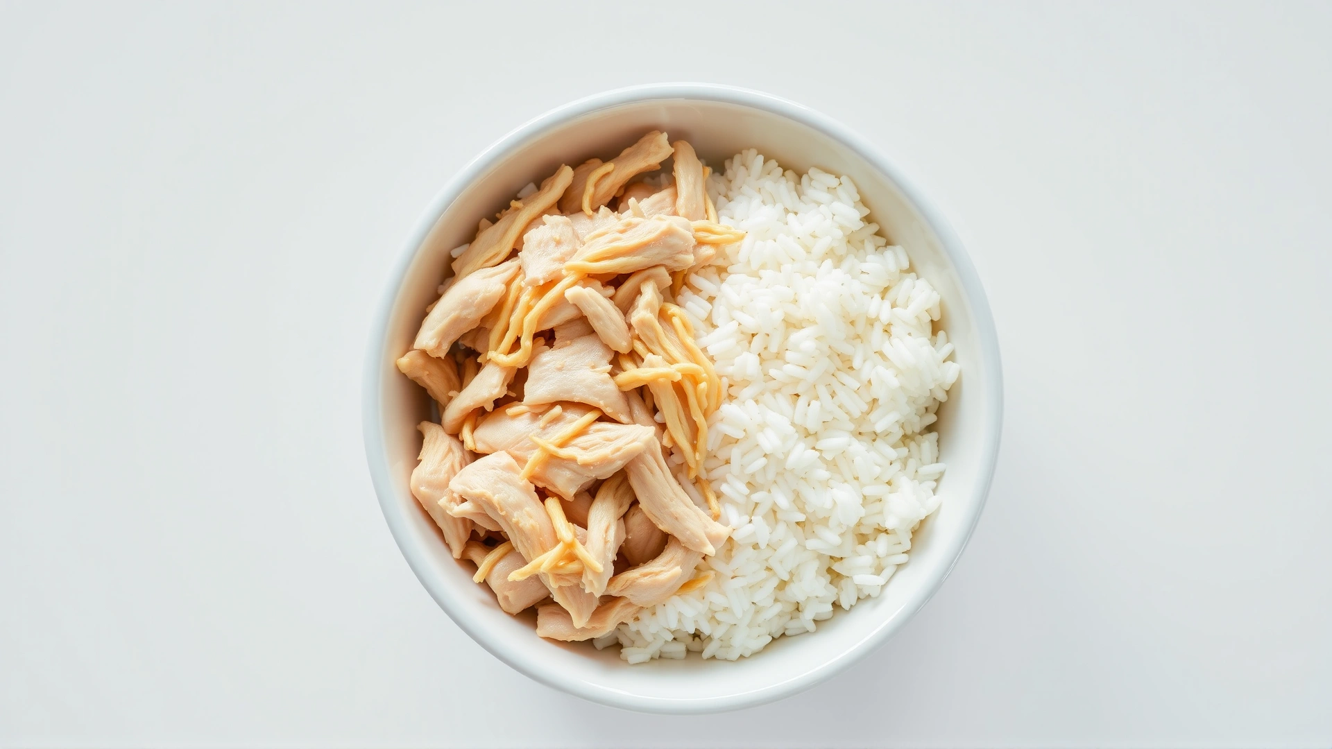 Top-down view of a white ceramic bowl filled half with boiled shredded chicken and half with plain white rice.