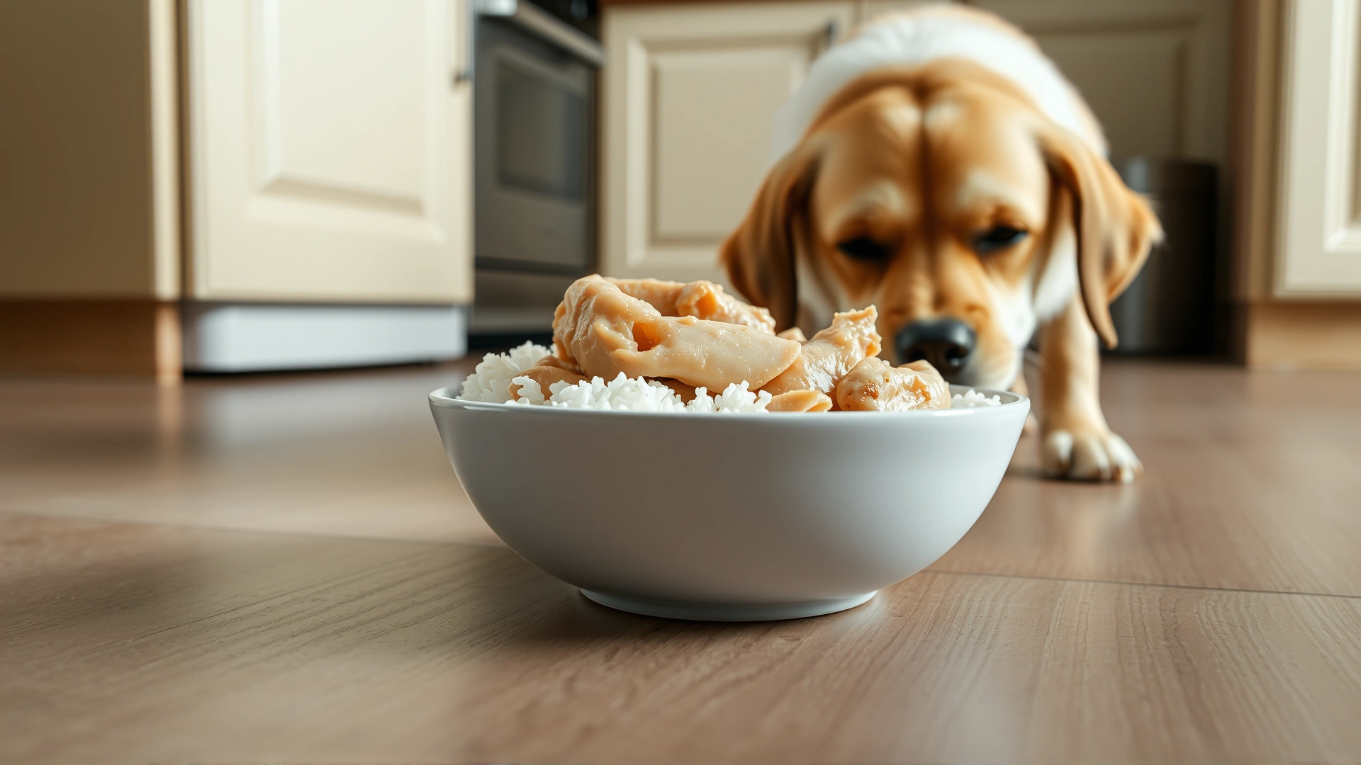Bowl filled with plain boiled chicken breast and white rice placed on the floor as a curious dog sniffs it, kitchen setting, natural daylight
