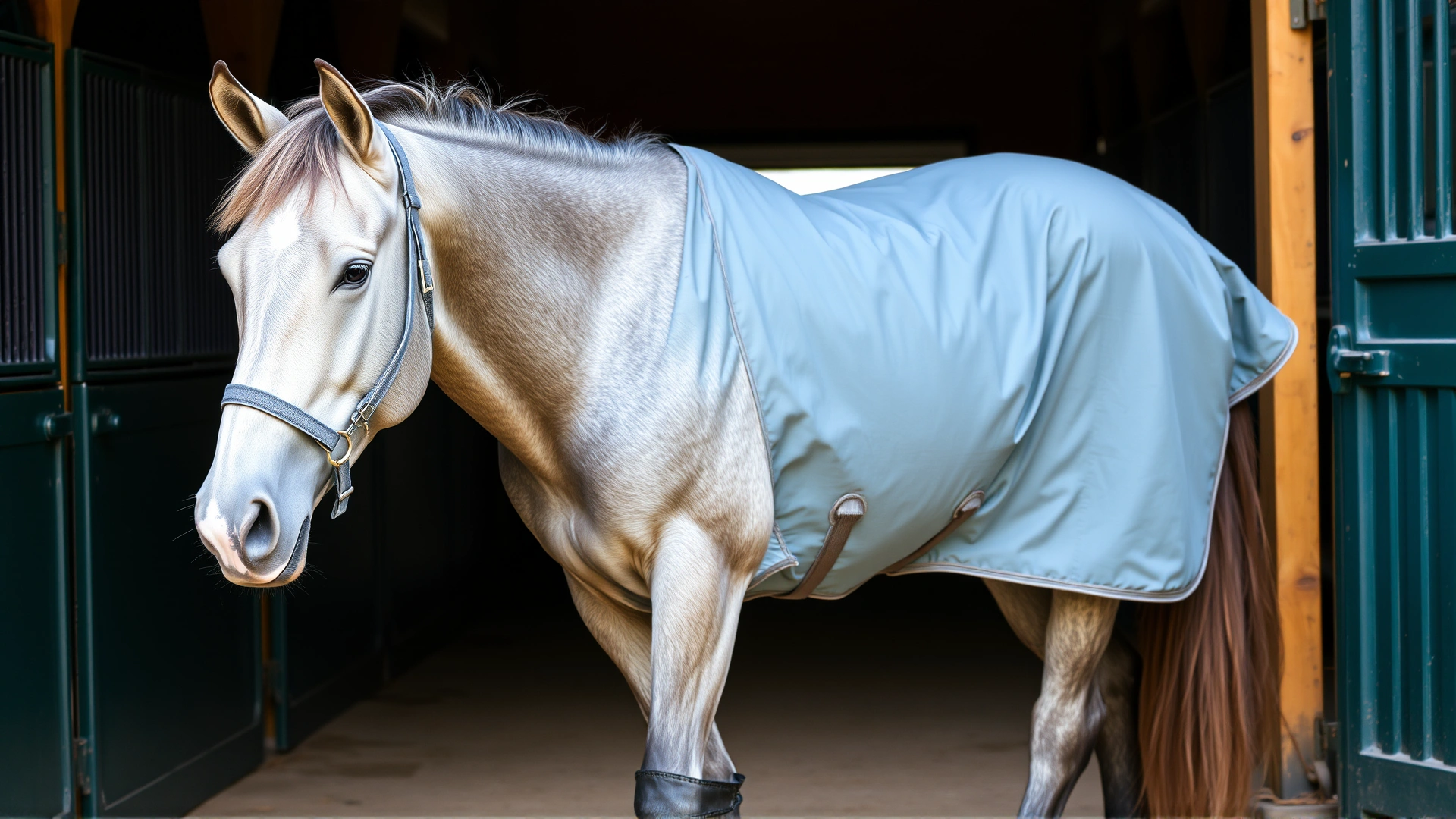 Gray horse standing in stable aisle wearing a well-fitted teal blanket; front closures, surcingles and tail flap visible, no text