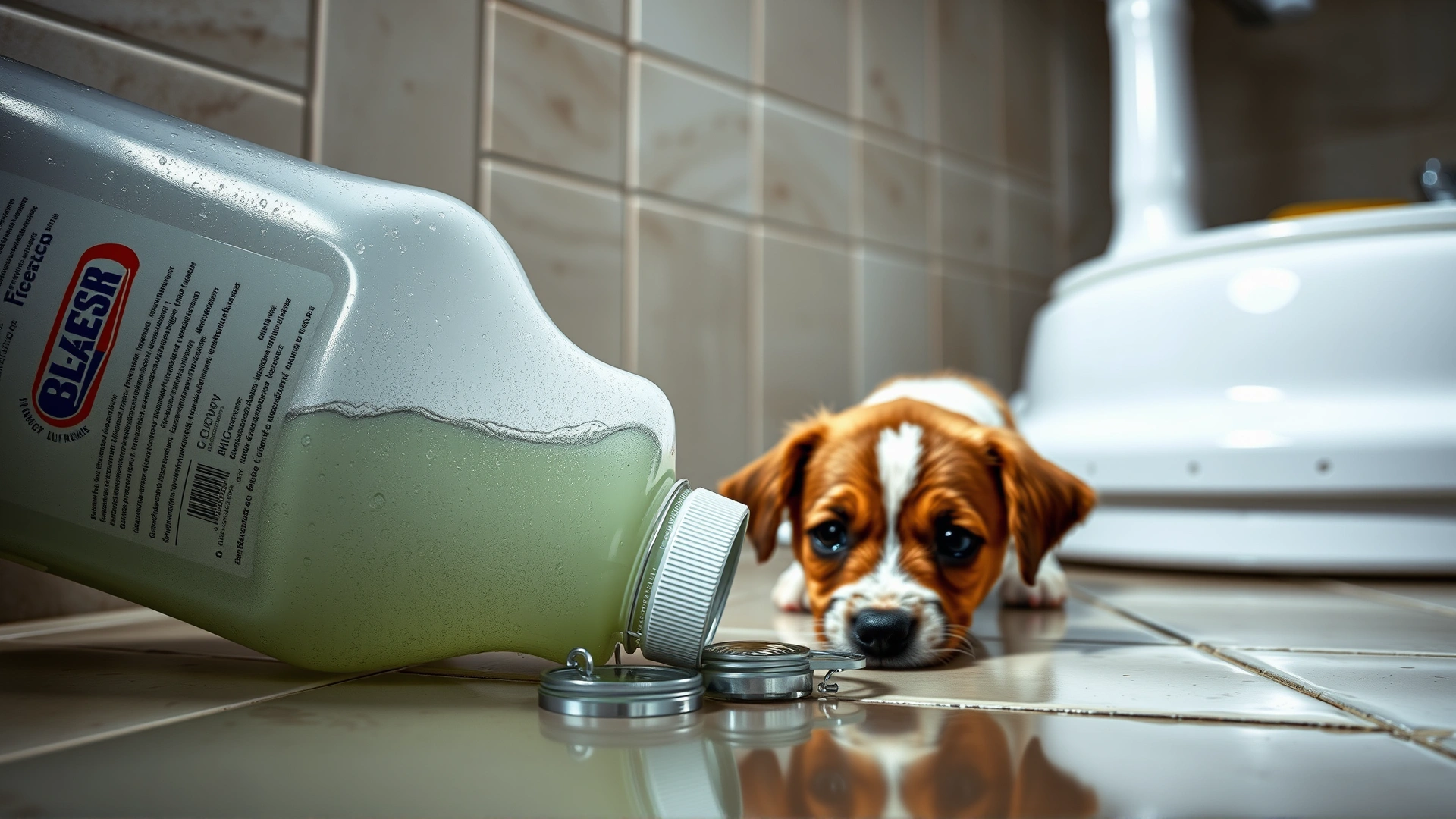 Close-up of a large bottle of bleach tipped over on bathroom tiles with a small puppy nearby, looking curious.