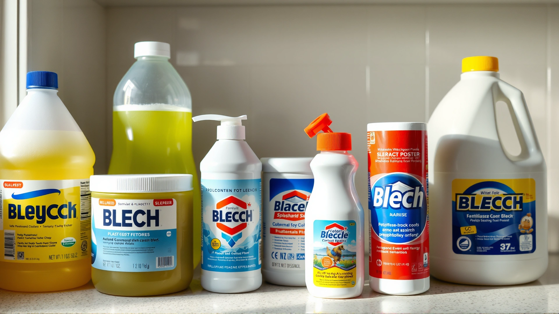 Assortment of different household bleach products (regular, concentrated, splashless, and color-safe) arranged on a countertop with soft daylight.