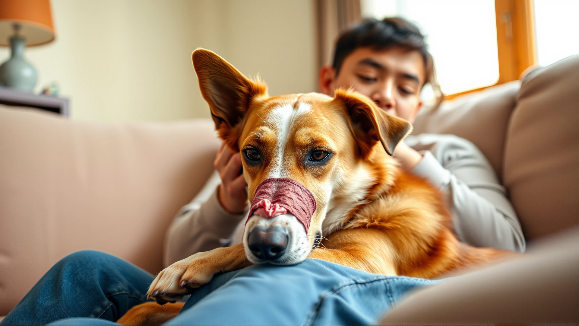 Indoor photo of a dog with a mild nosebleed being comforted by its owner on a couch, warm lighting.