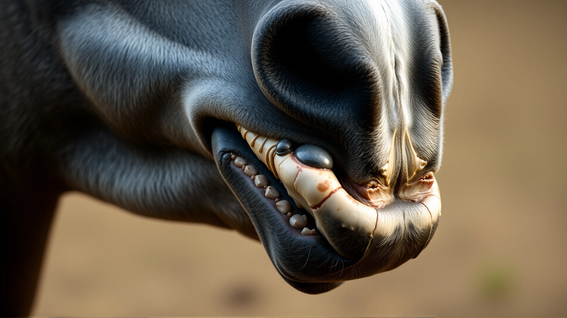 Side-view close-up of a horse's jaw showing a small lump under the gum indicating a blind wolf tooth, captured in high resolution with shallow depth of field, no text.