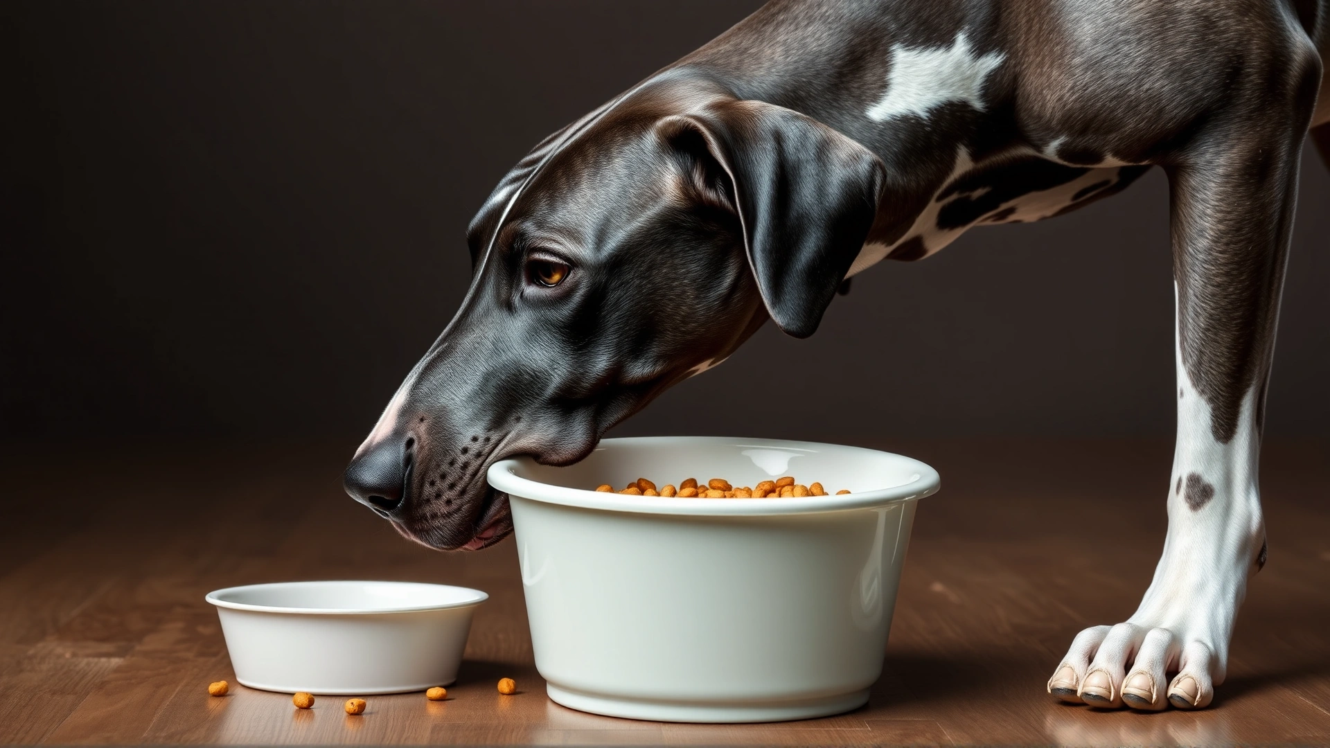Great Dane using a slow-feeder bowl to demonstrate bloat prevention.