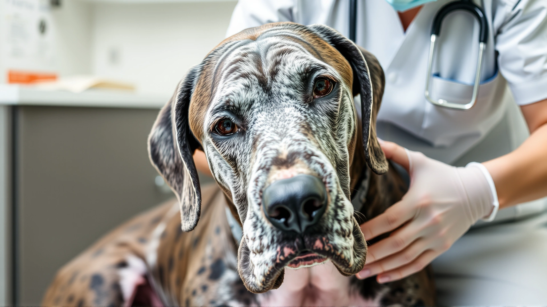 Close-up of a concerned Great Dane with a distended abdomen being gently examined by a vet in a clinic setting, no text.