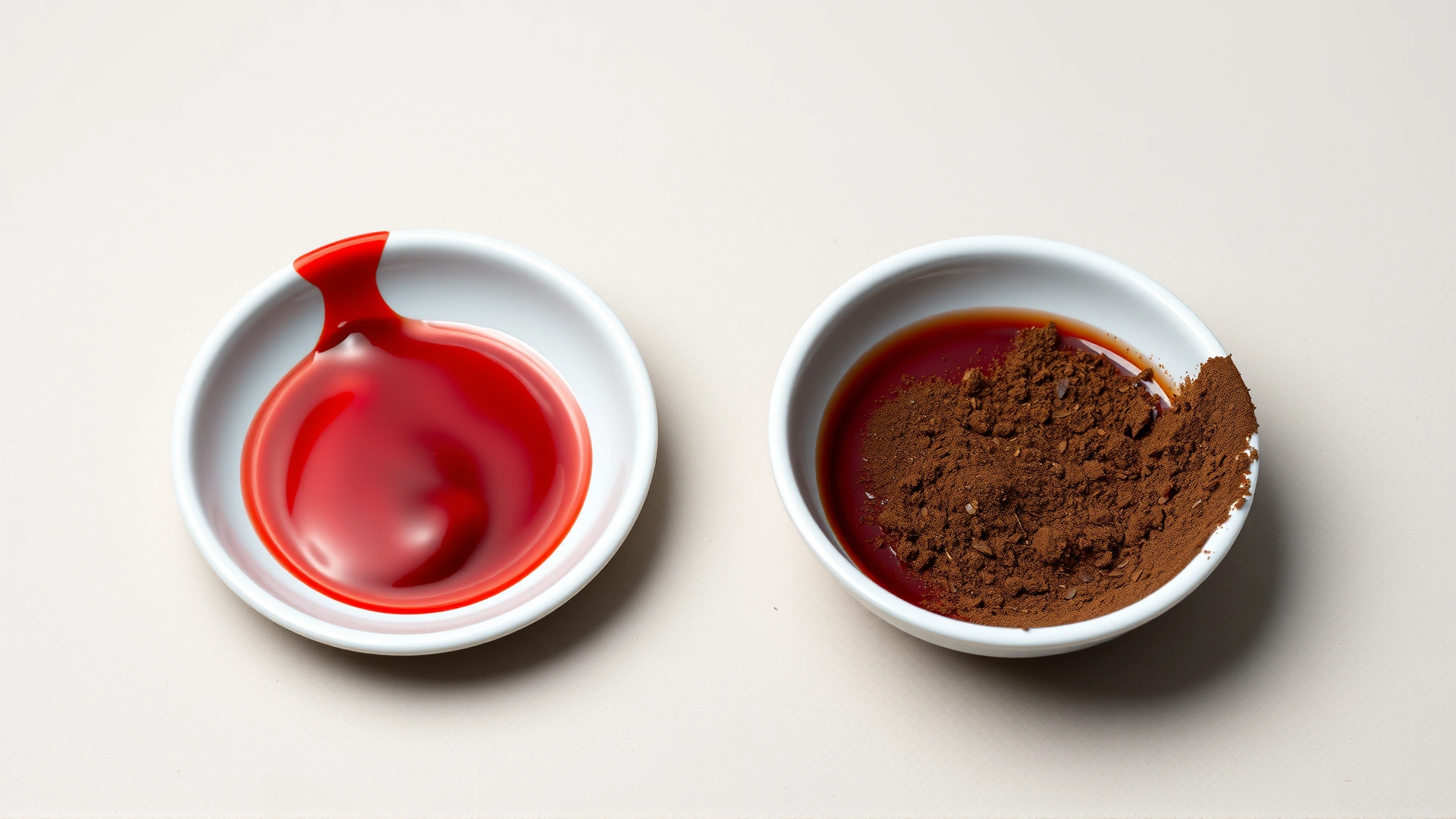 Two small white dishes on a neutral background: one containing bright red liquid, the other containing dark coffee-ground colored liquid, illustrating different appearances of blood in vomit. No text.