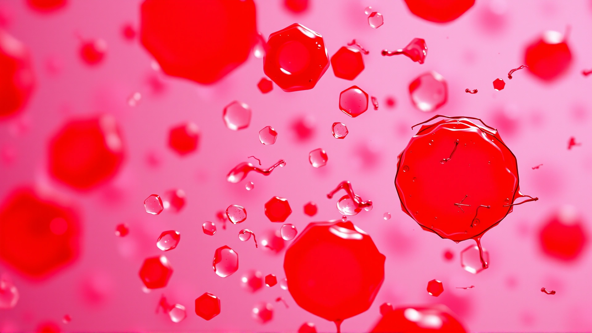 High-resolution macro shot of feline red blood cells under a microscope, vivid reds and clear cell shapes, no text.