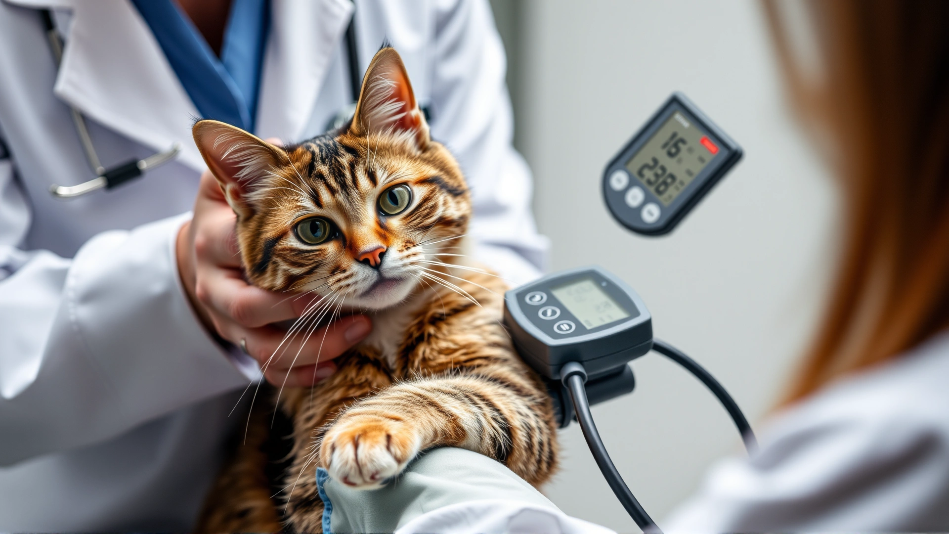 Veterinarian measuring a cat’s blood pressure using a veterinary Doppler device, focus on the cat’s paw and cuff.