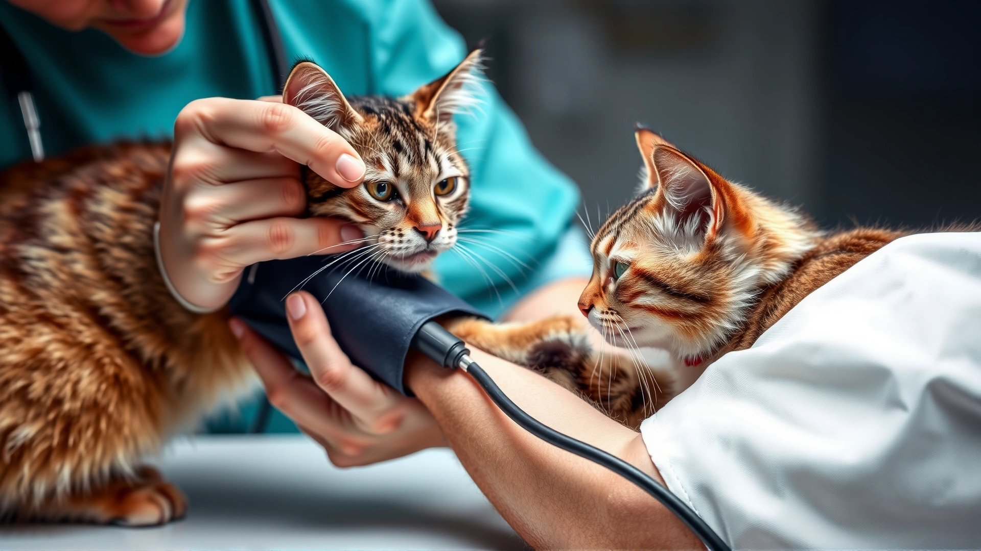 Vet technician measuring a cat's blood pressure with a small cuff around the foreleg.