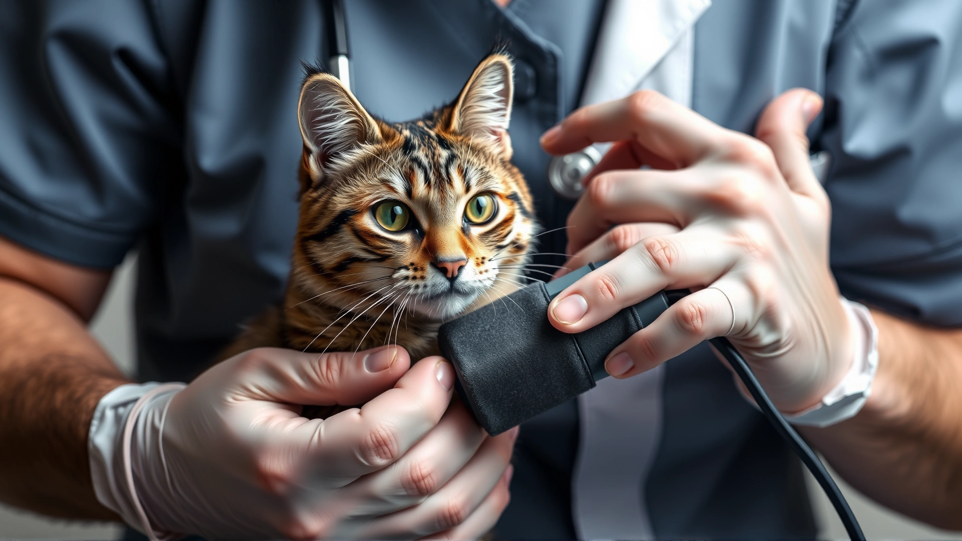 Veterinarian measuring a tabby cat's blood pressure using a specialized small cuff around the forelimb, owner gently restraining the cat.