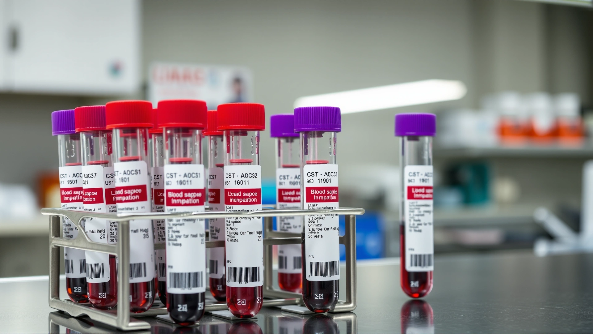 A neatly arranged set of labeled blood sample tubes in a rack with red and purple tops, placed on a stainless-steel lab bench under bright lab lighting.