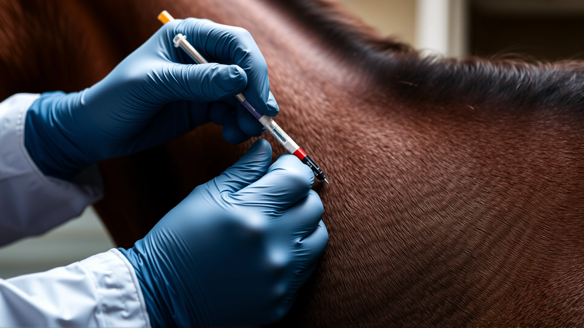 Close-up of a professional veterinarian's gloved hands collecting a blood sample from a horse's neck using a sterile needle, emphasizing safety and accuracy.
