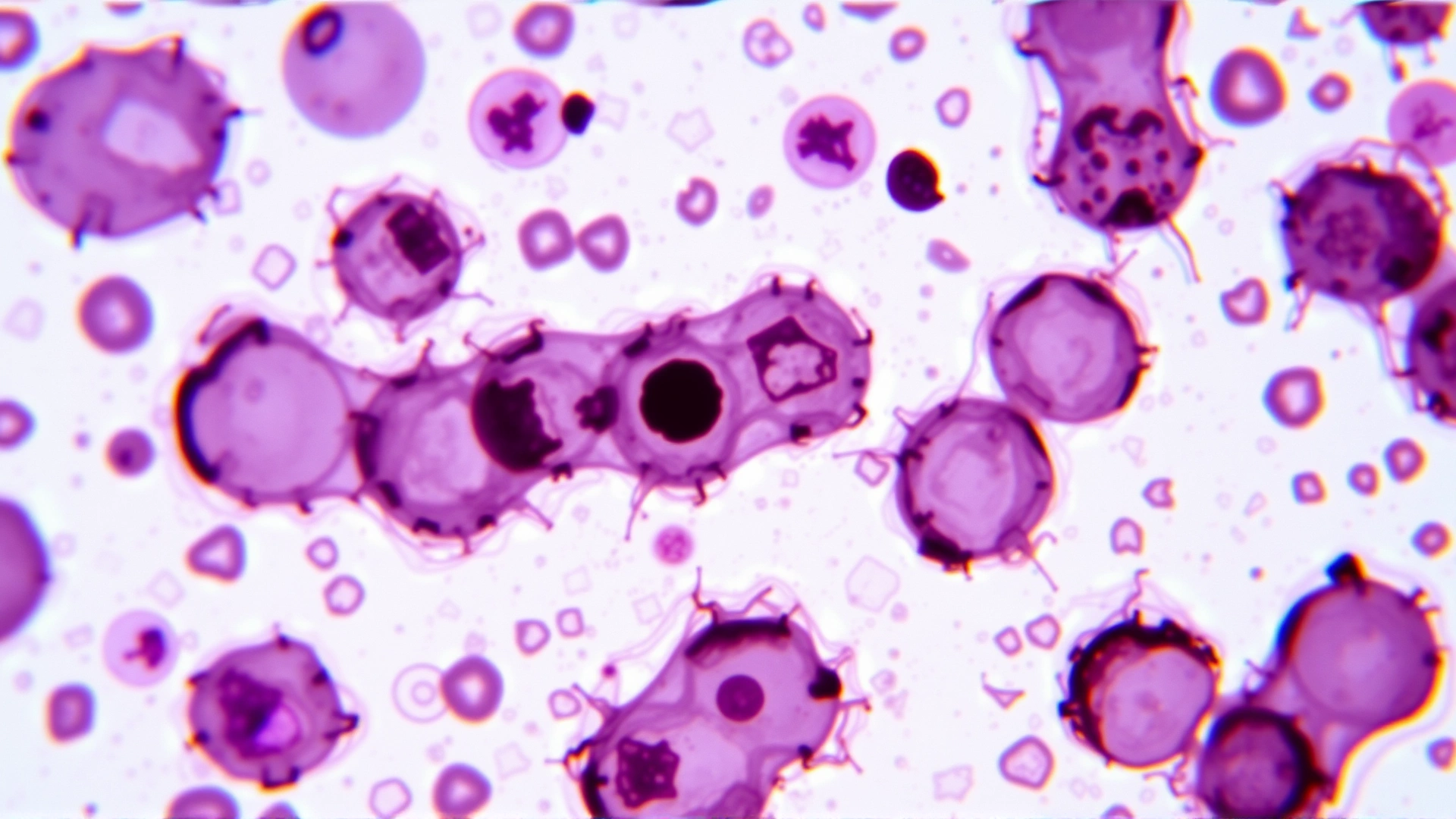 Microscope close-up of a stained blood smear showing neutrophils with small purple morulae of Anaplasma, scientific style, no text.