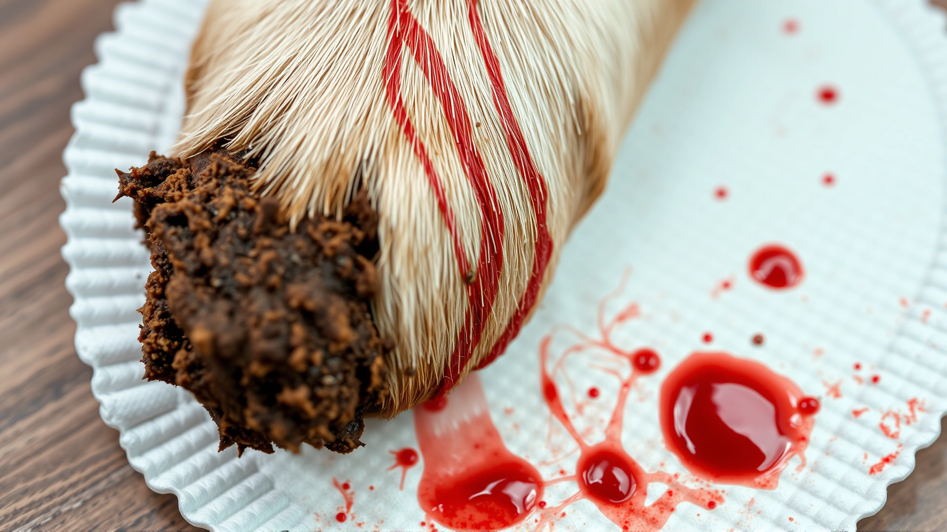 Close-up macro photograph of a dog stool sample on a white disposable pad, showing bright red blood streaks for educational clarity.