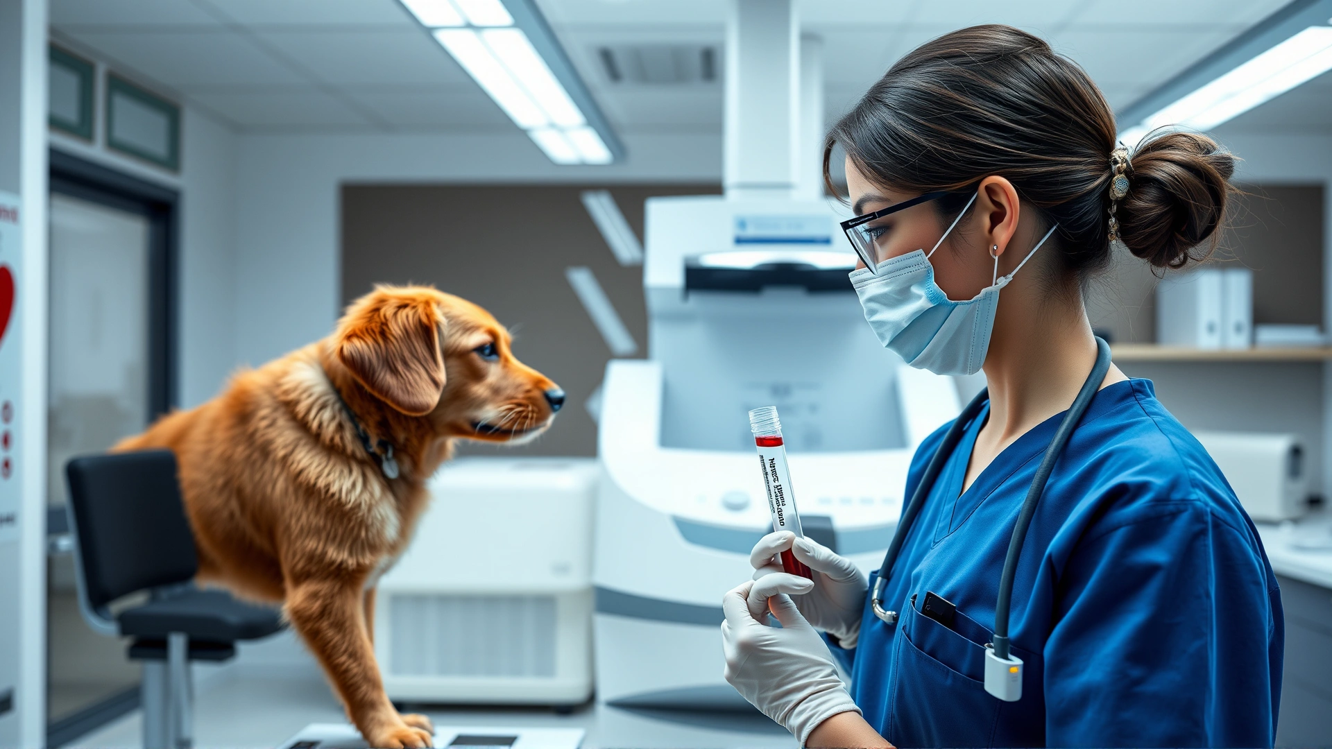 Veterinary technician holding a tube of pet blood sample in front of a hematology analyzer inside a modern lab, no text