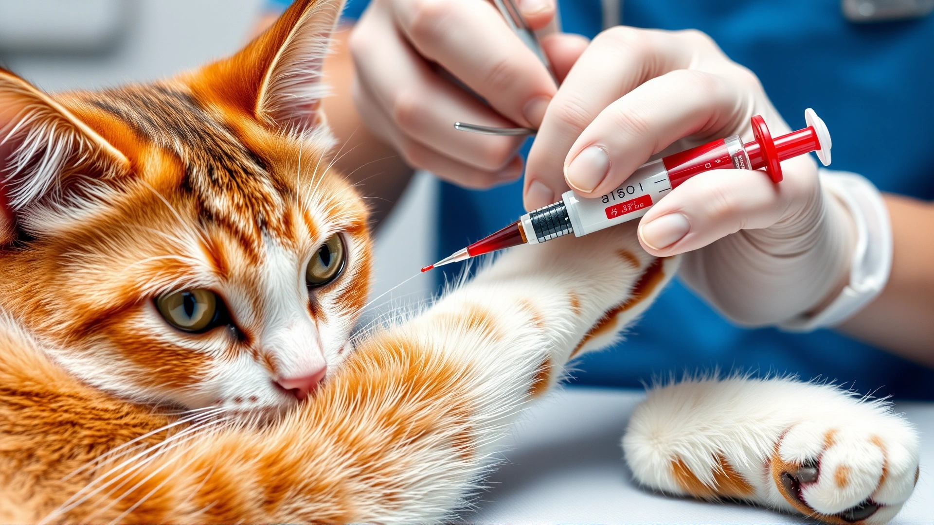 Veterinarian's gloved hands drawing blood from a calm cat's front leg, close-up, sterile clinic environment