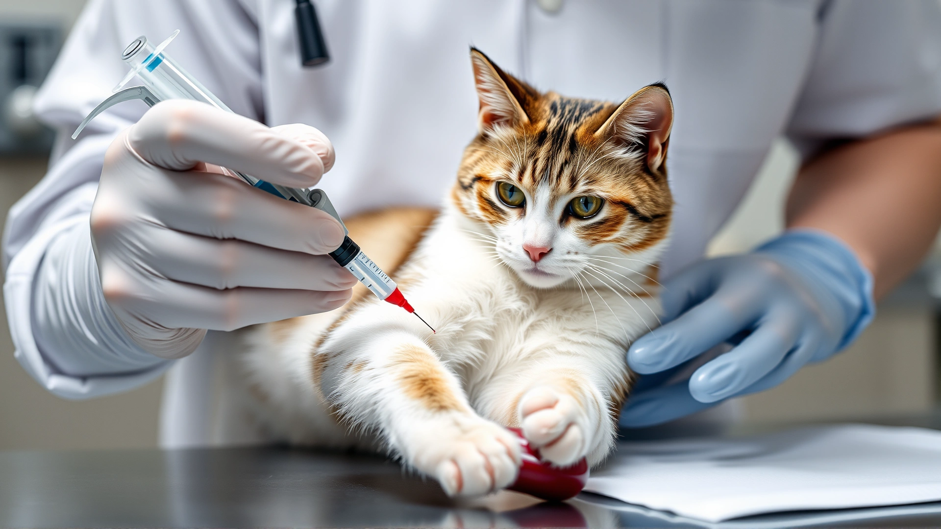 Veterinary technician drawing blood from a cat's foreleg using a syringe, cat restrained gently, clinical environment.