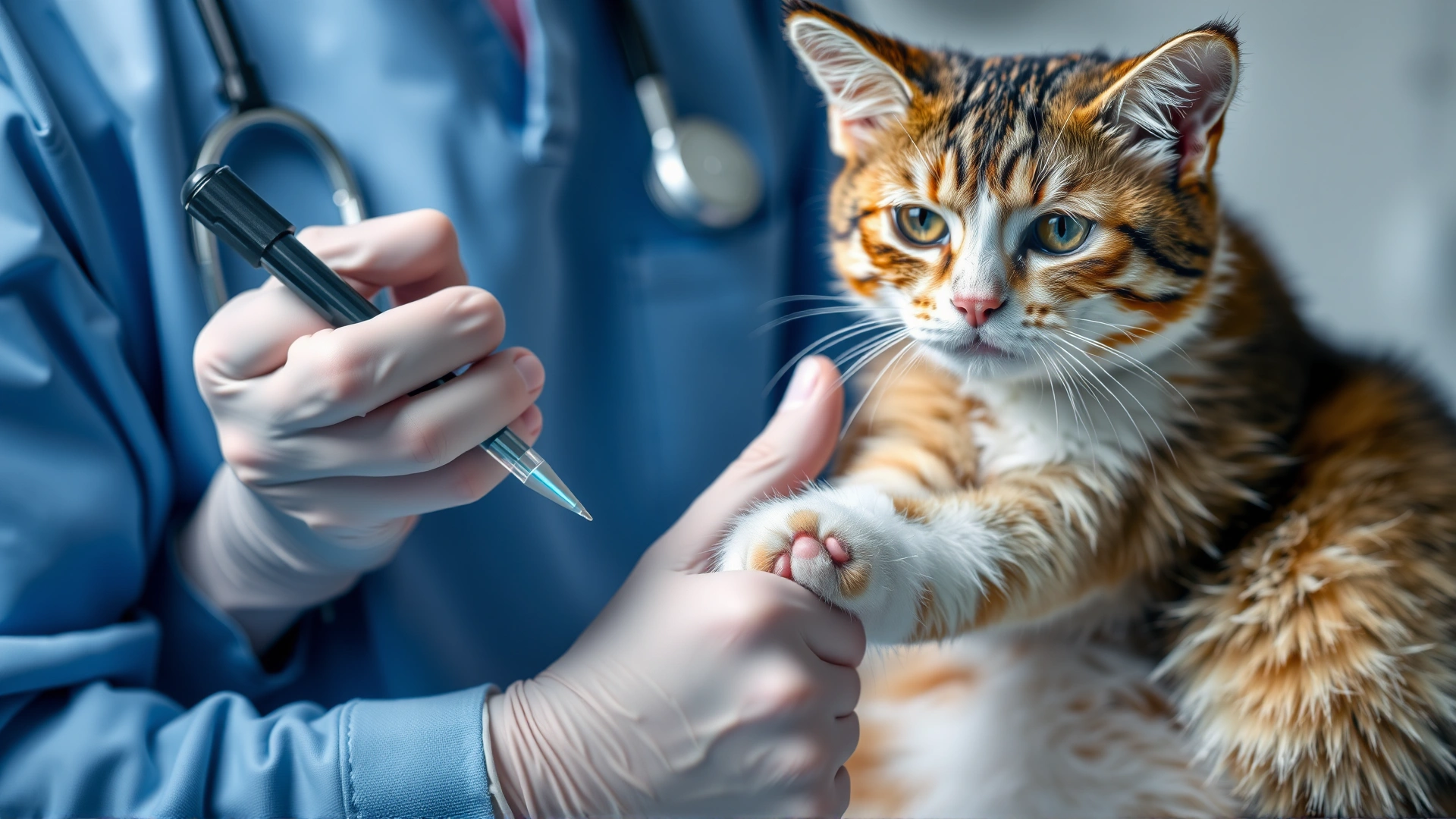 Photograph of a veterinarian drawing a blood sample from a cat's front leg in a clinical setting, soft focus background.