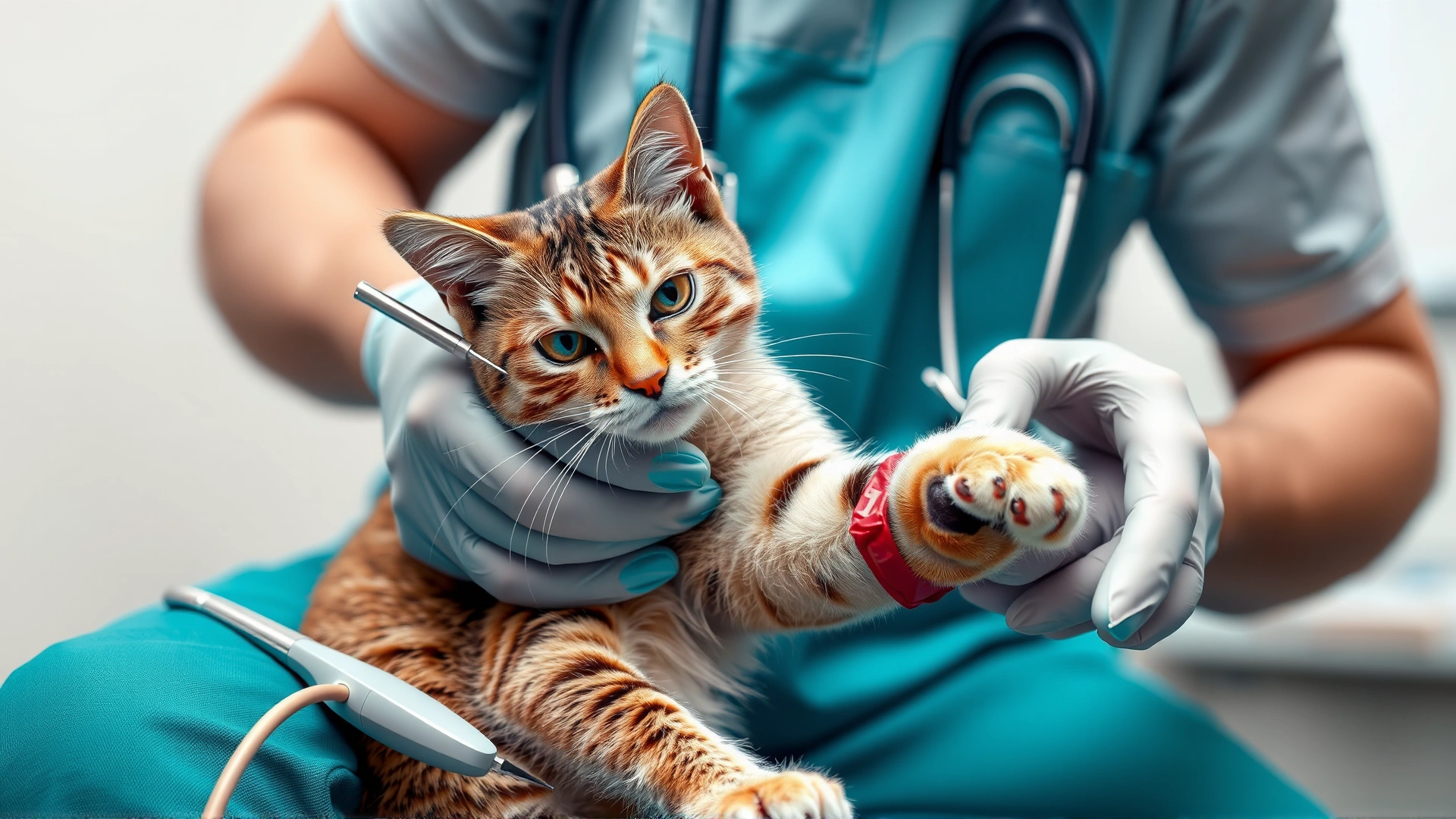 Veterinarian drawing blood from a cat's front leg with assistant holding the cat securely.