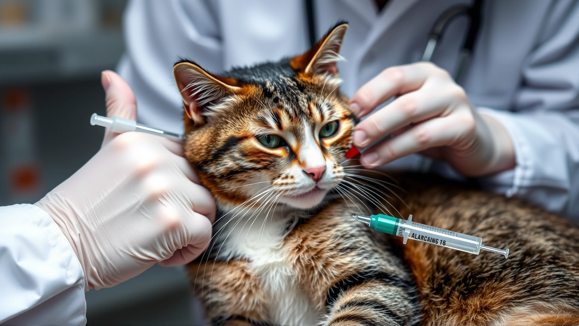 Veterinarian drawing blood from a calm tabby cat in a clinical setting, syringe and test tubes visible.