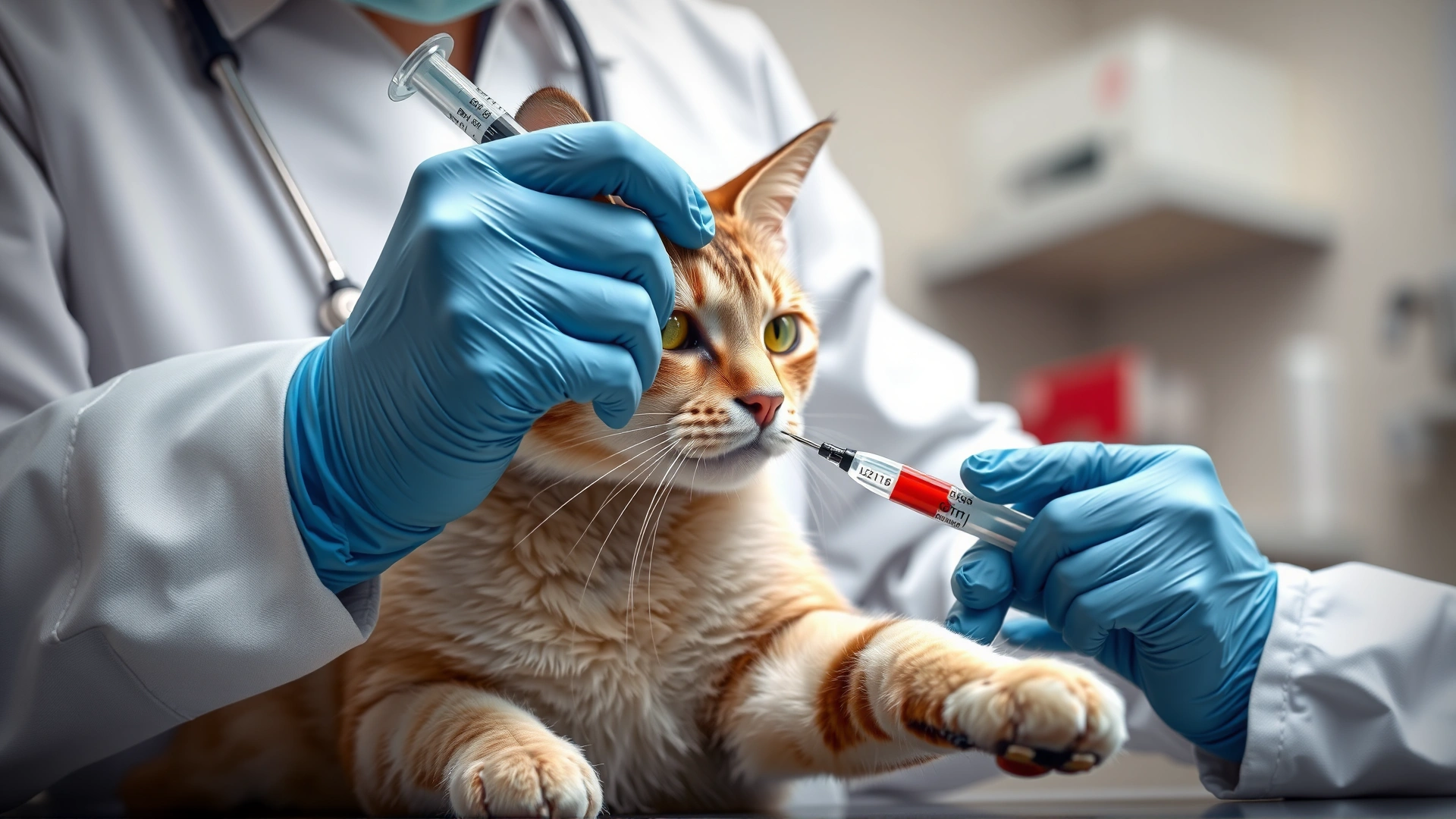 Veterinary technician drawing blood from a cat's front leg with a syringe, sterile lab setting