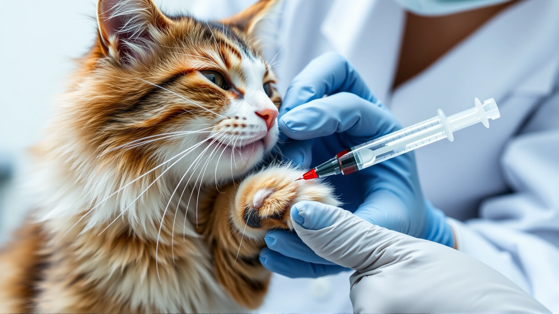 Close-up photo of a veterinarian gently drawing blood from a cat’s front paw using a syringe, clinical setting.