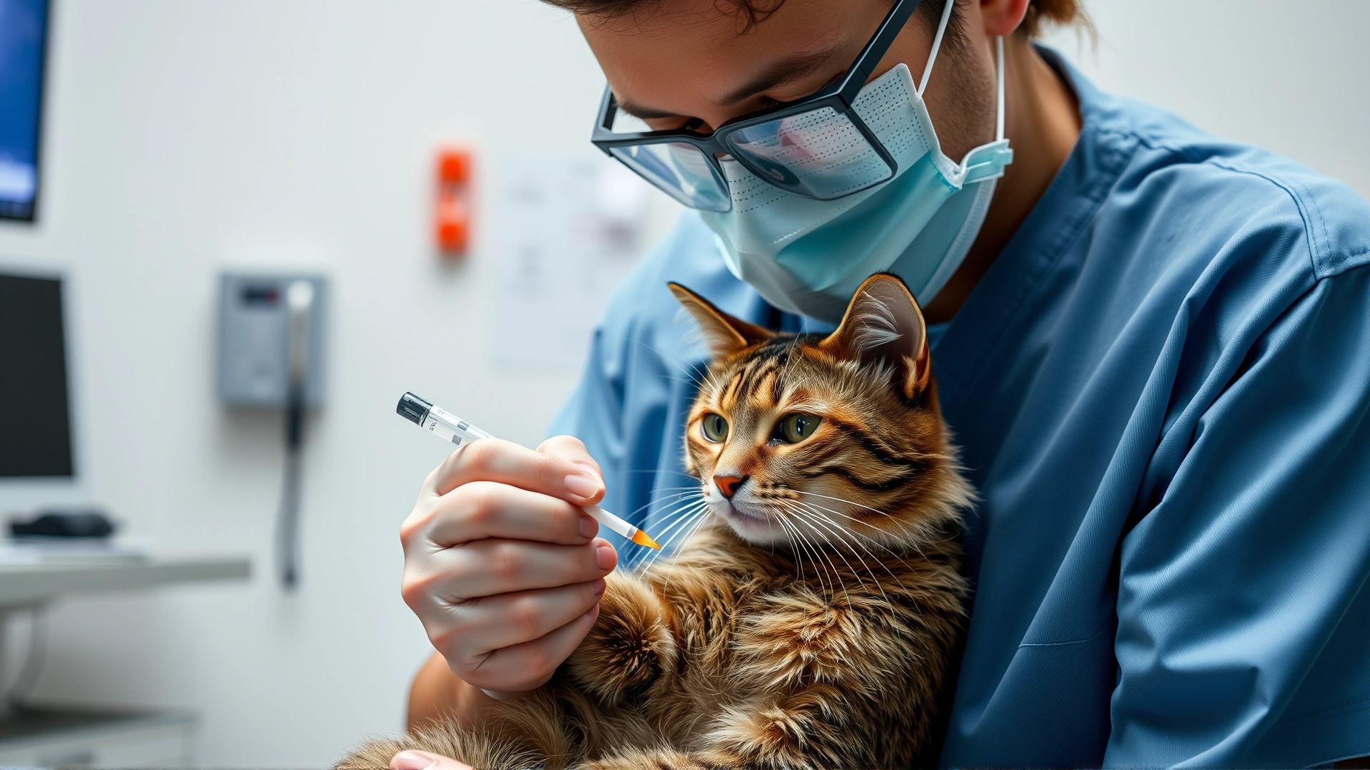 Veterinary technician drawing a small blood sample from a cat's foreleg in a modern clinic environment.