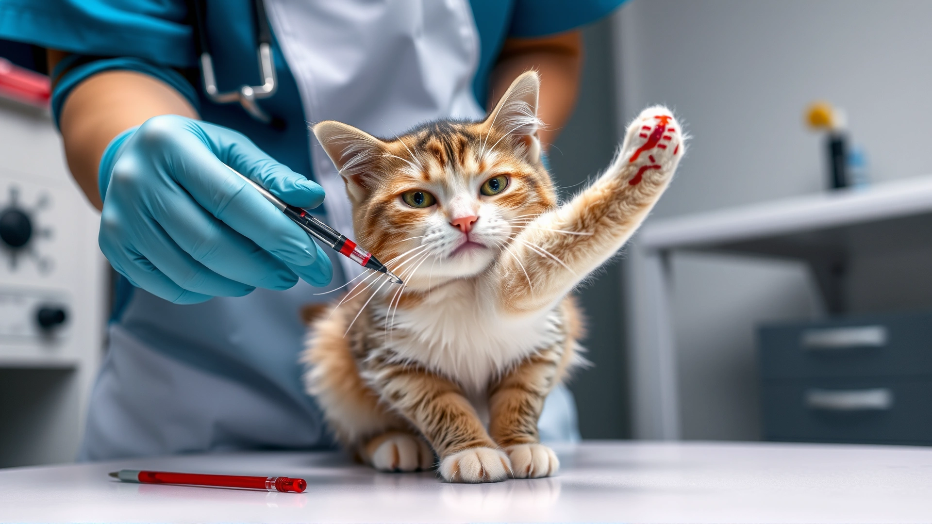 Close-up of a veterinary technician drawing blood from a mature cat's front leg in a modern clinic setting.