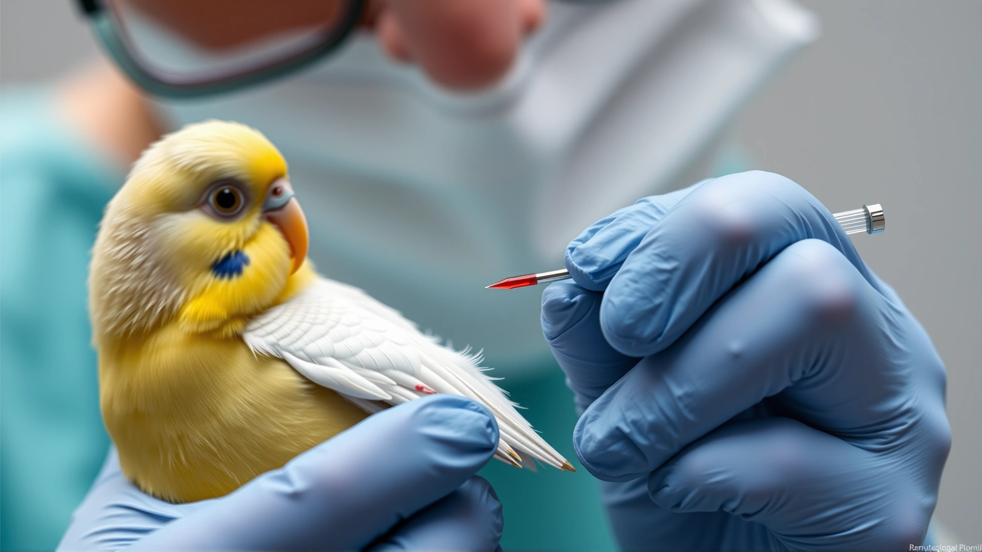 Veterinarian carefully taking a small blood sample from a budgerigar's wing using a tiny needle, highlighting diagnostic procedure