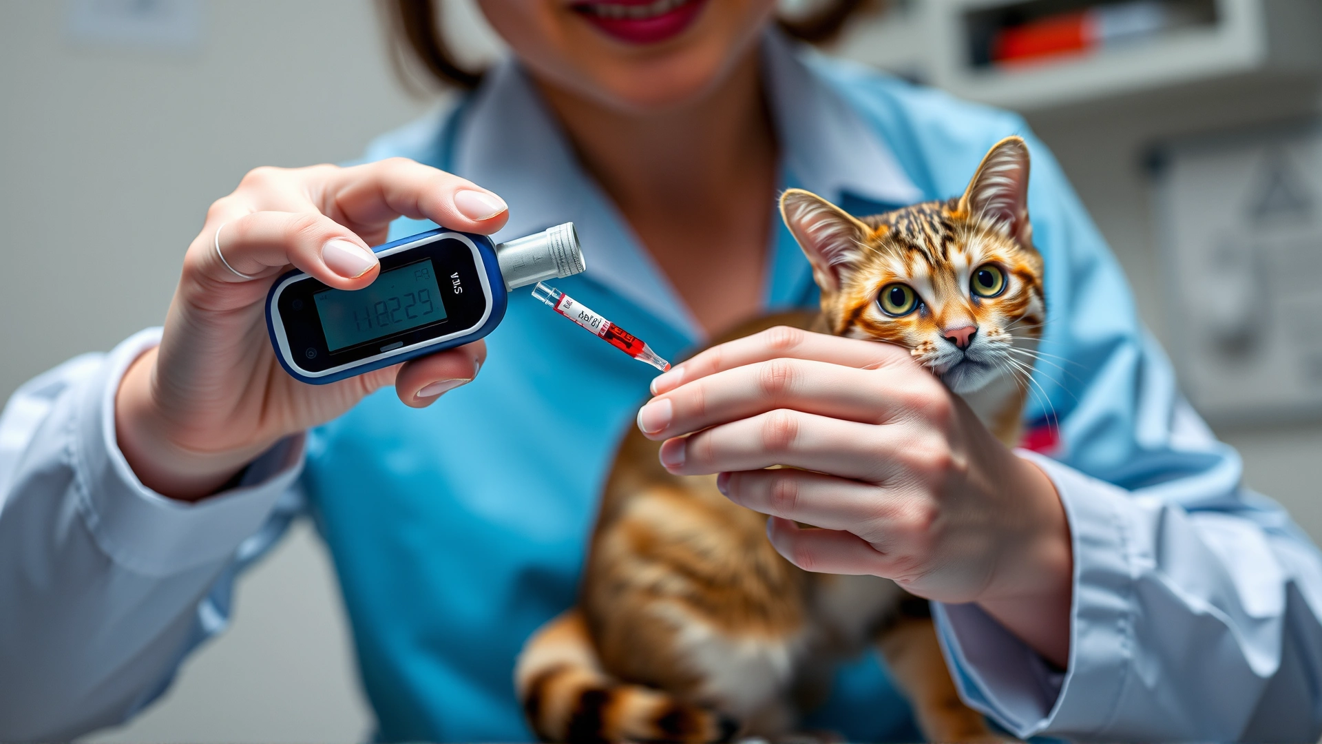 Veterinarian holding a glucometer and a tiny blood sample while a cat sits on the exam table