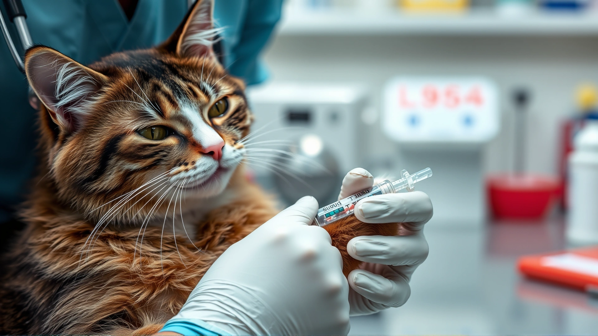 Veterinary technician drawing a blood sample from a calm cat’s front leg using a syringe, with lab equipment blurred in the background.