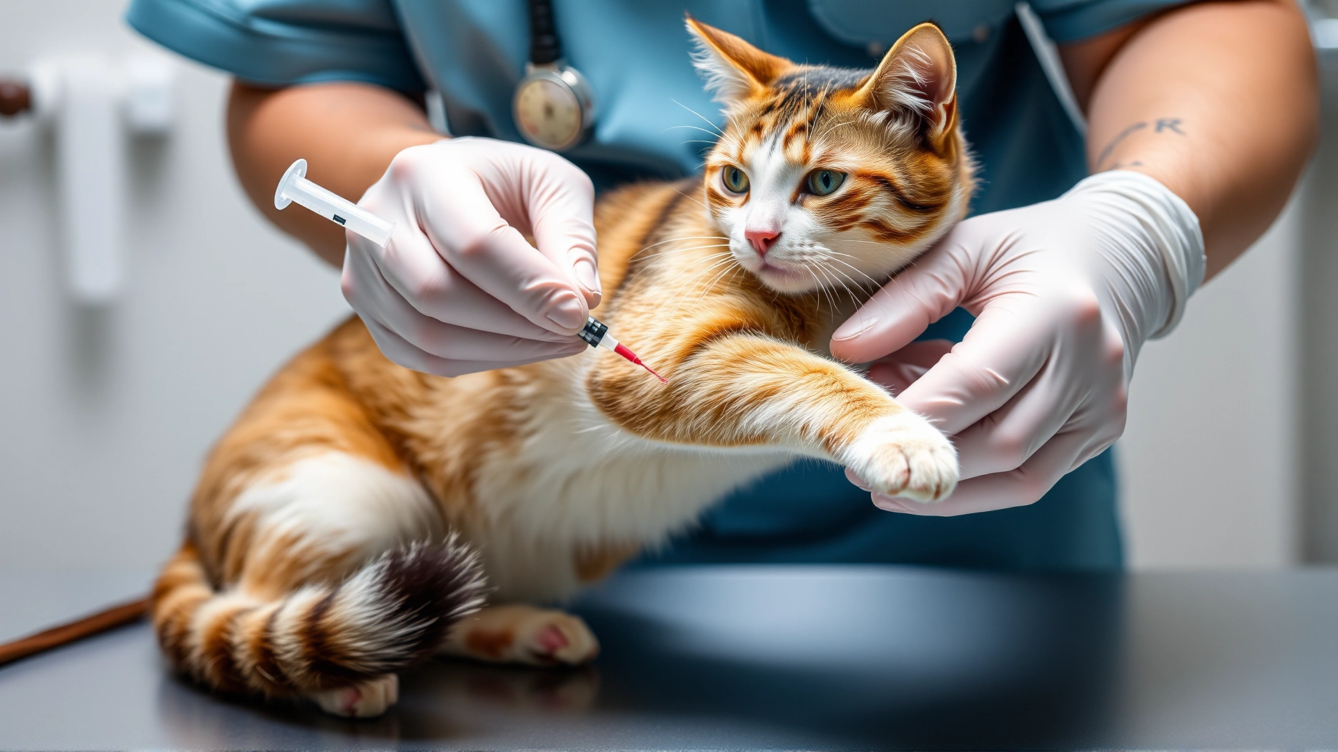 Veterinary technician drawing blood from a cat's front leg using a small syringe, clinical setting, no text.