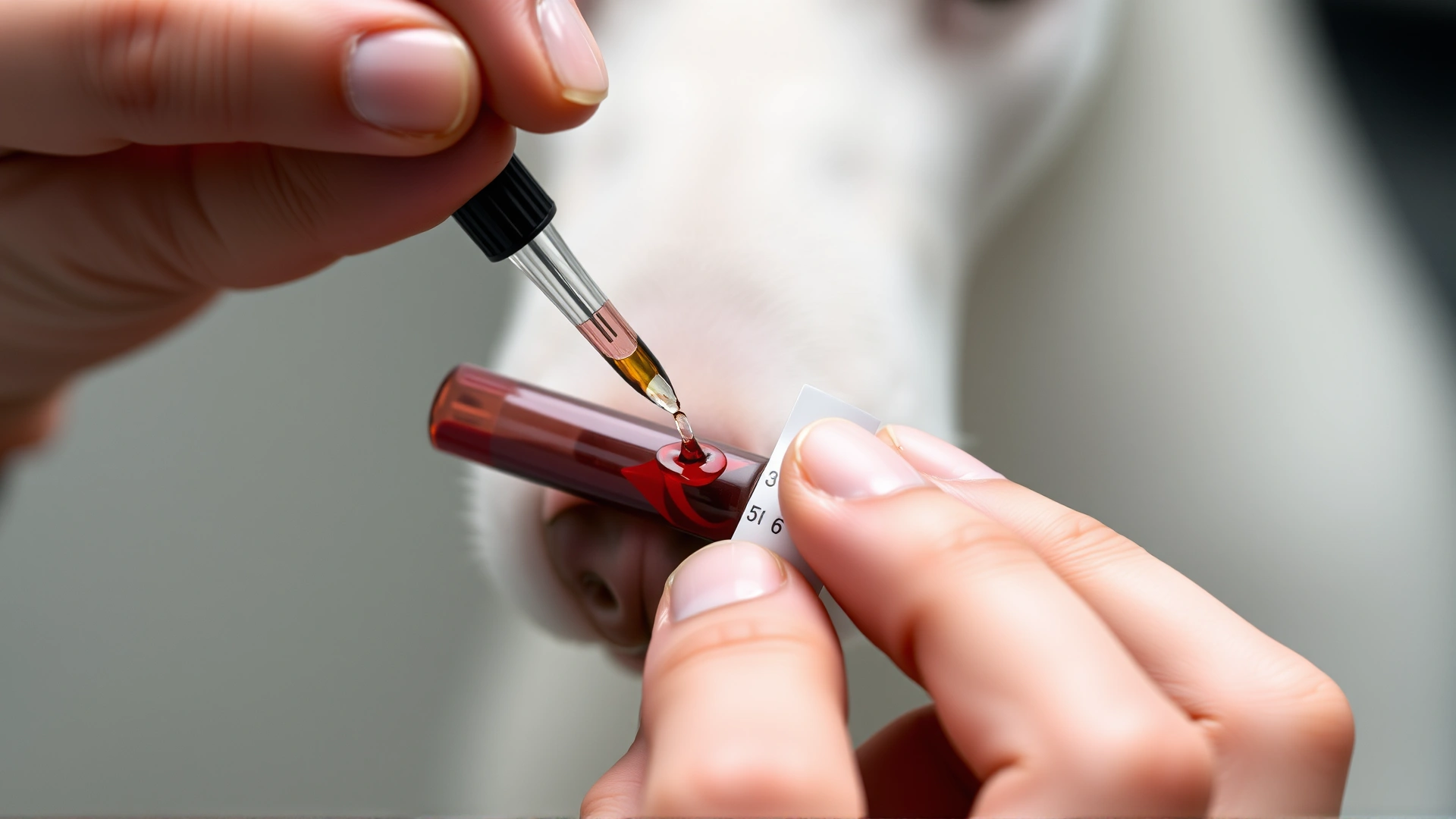 Close-up of a veterinarian’s hands applying a few drops of blood onto a heartworm antigen snap test kit