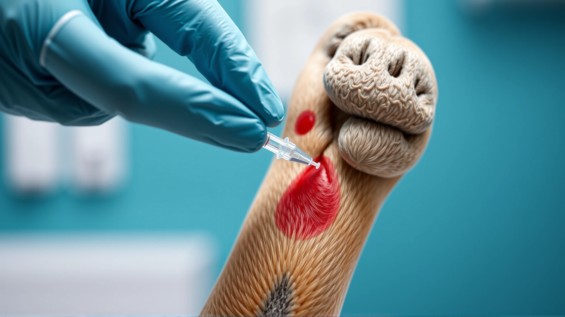Macro shot of a gloved hand drawing a blood sample from a dog’s foreleg with a syringe, veterinary clinic background, no text on image