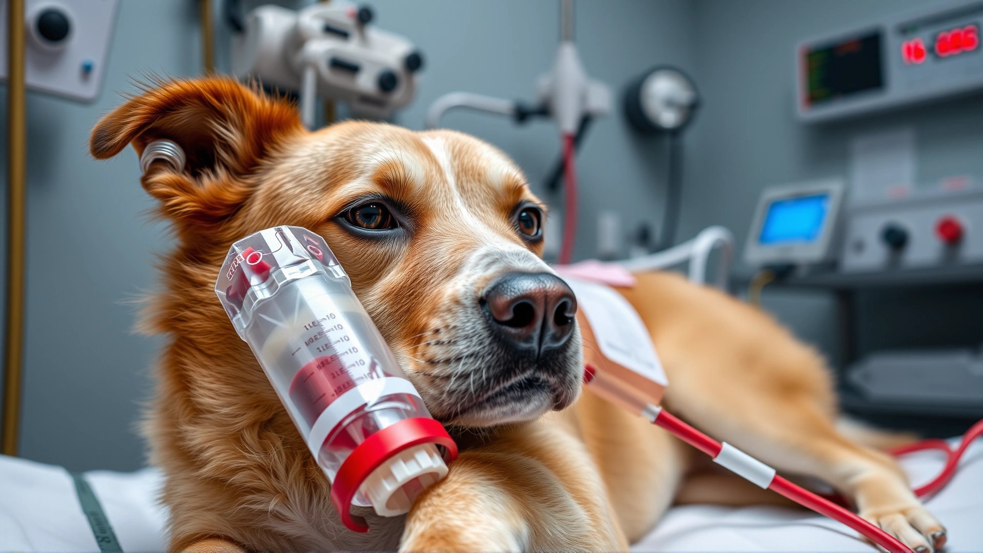 Dog receiving a blood transfusion via IV line in an intensive care unit at a veterinary hospital, close-up on equipment