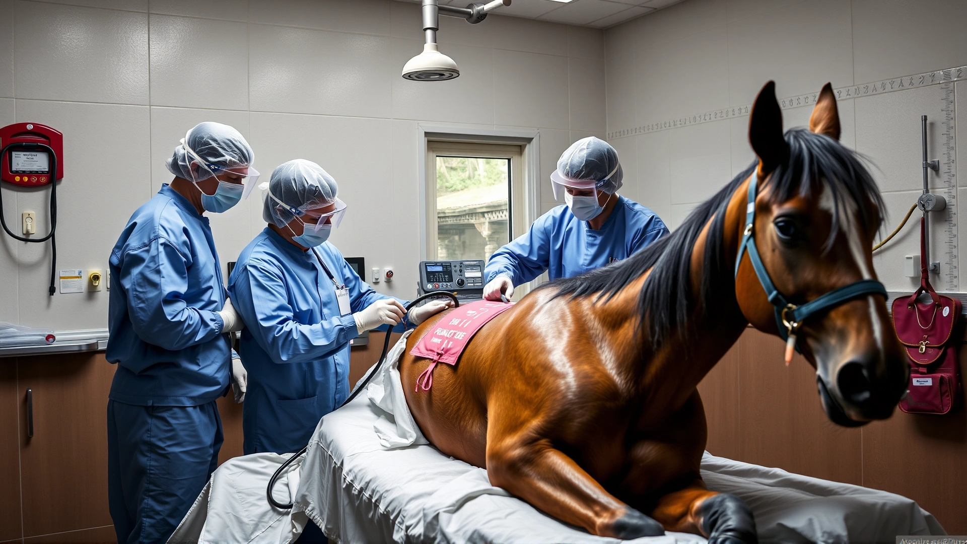 A veterinary team performing a blood transfusion on a sedated horse inside an equine clinic.