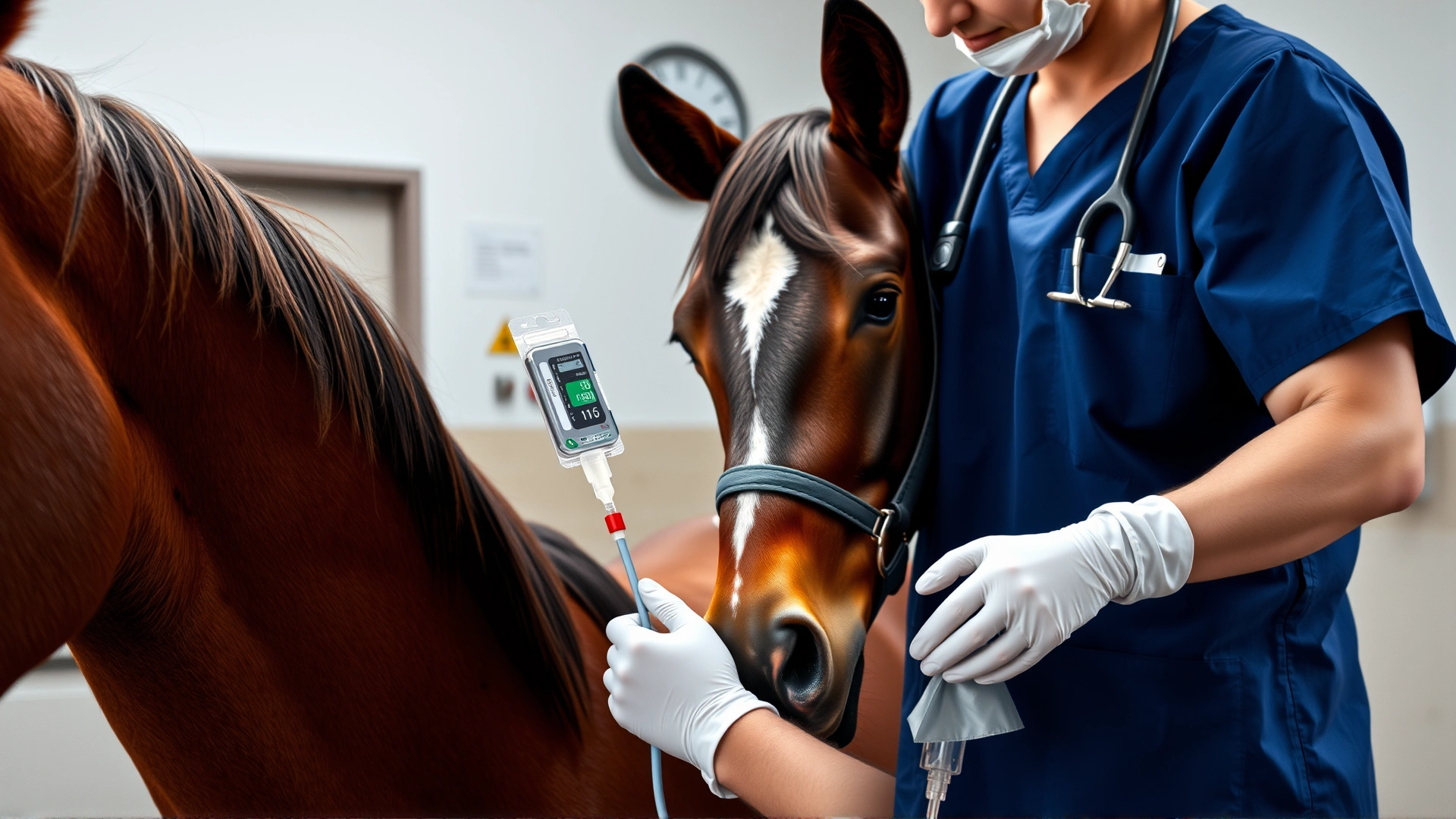 Veterinarian setting up an IV blood transfusion line connected to a calm horse in a clinic setting, showcasing treatment.