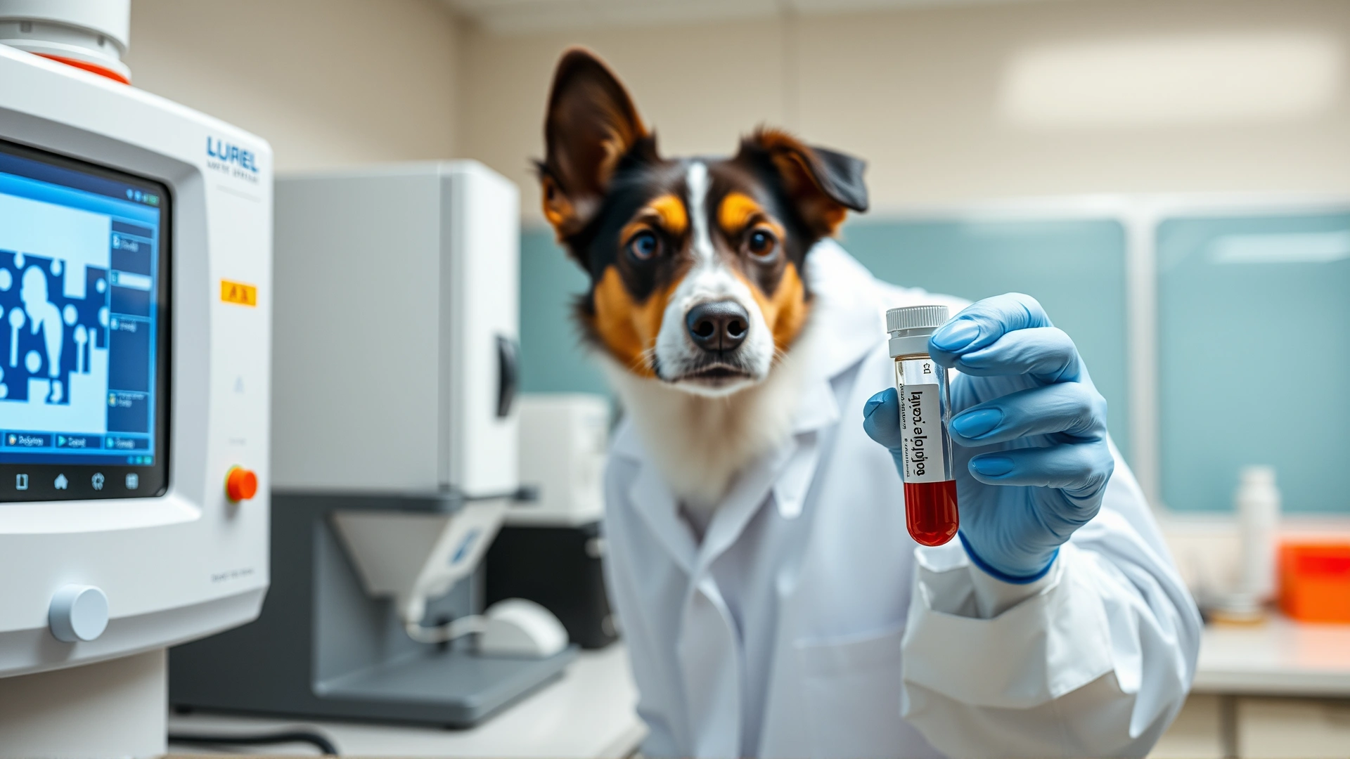 Laboratory technician holding a vial of canine blood sample next to analysis machine, clean lab environment