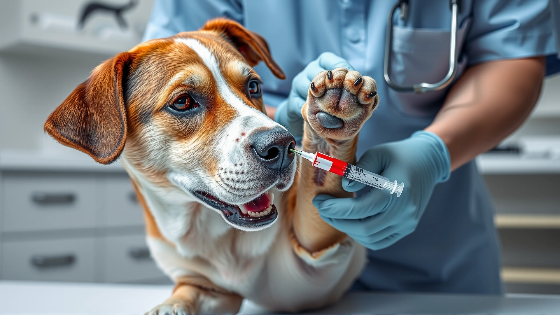 Vet technician drawing blood from a dog's front paw using a small syringe, sterile clinic environment.