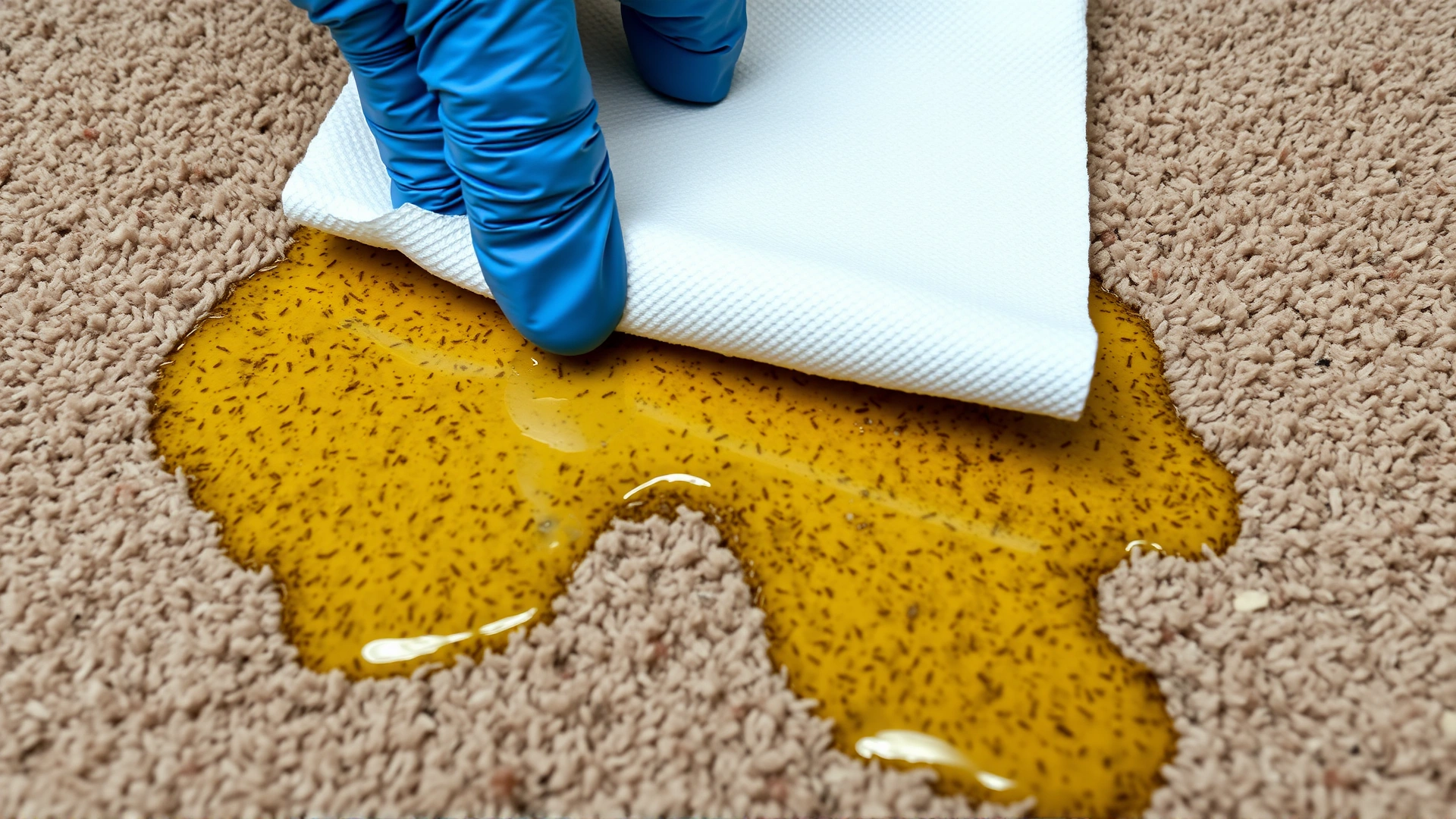 Mid-shot of a human hand wearing a rubber glove pressing a folded paper towel on a yellowish pet urine stain on carpet fibers.