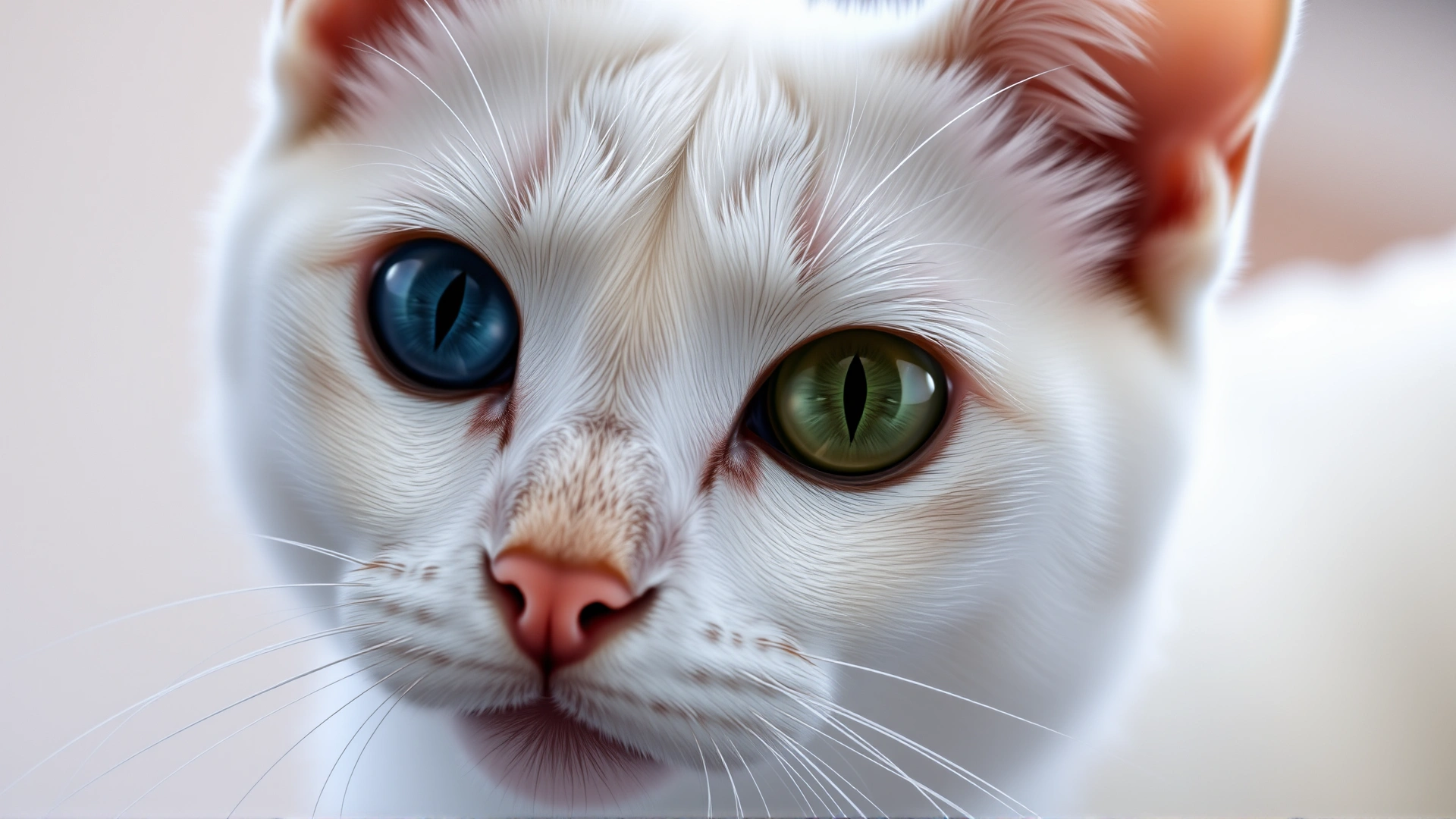 Portrait of a white short-haired cat with one blue eye and one green eye, focused on the face, blurred background, no text