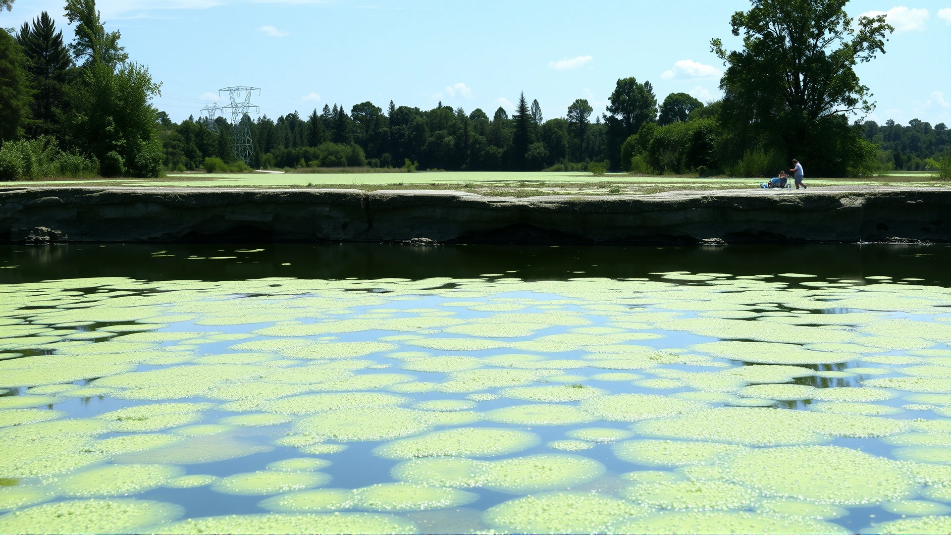 Surface of a lake covered with blue-green algae bloom