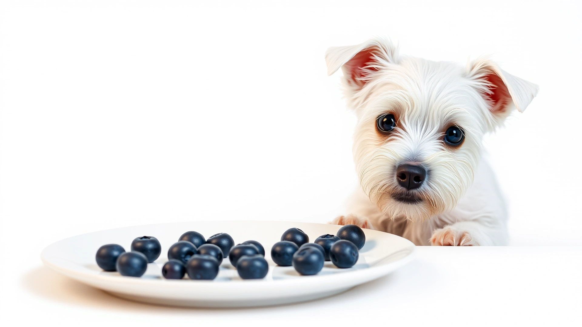 Small white terrier dog with a curious expression looking at scattered blueberries on a white plate, minimalist background